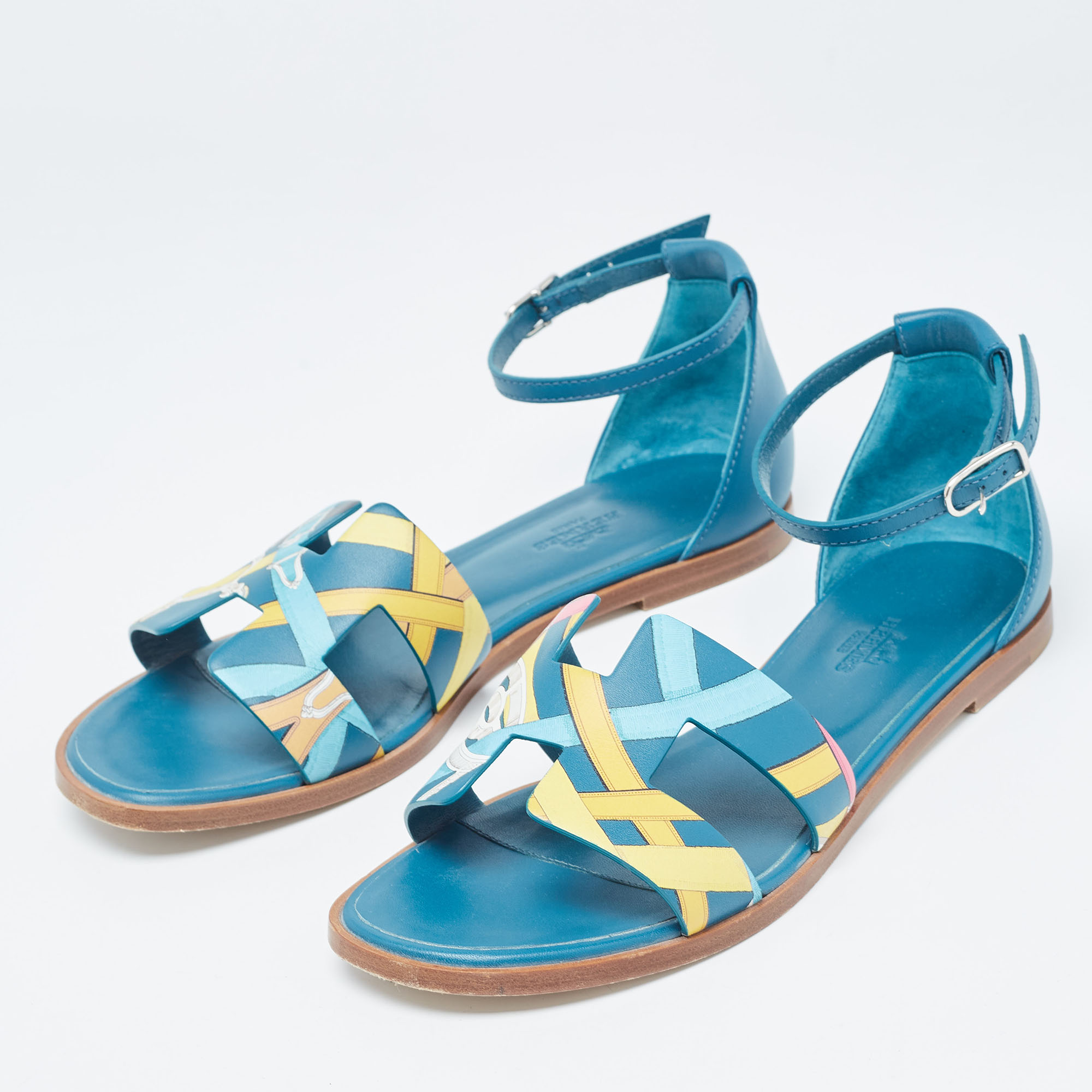 

Hermes Blue Leather Santorini Ankle Strap Sandals Size, Green