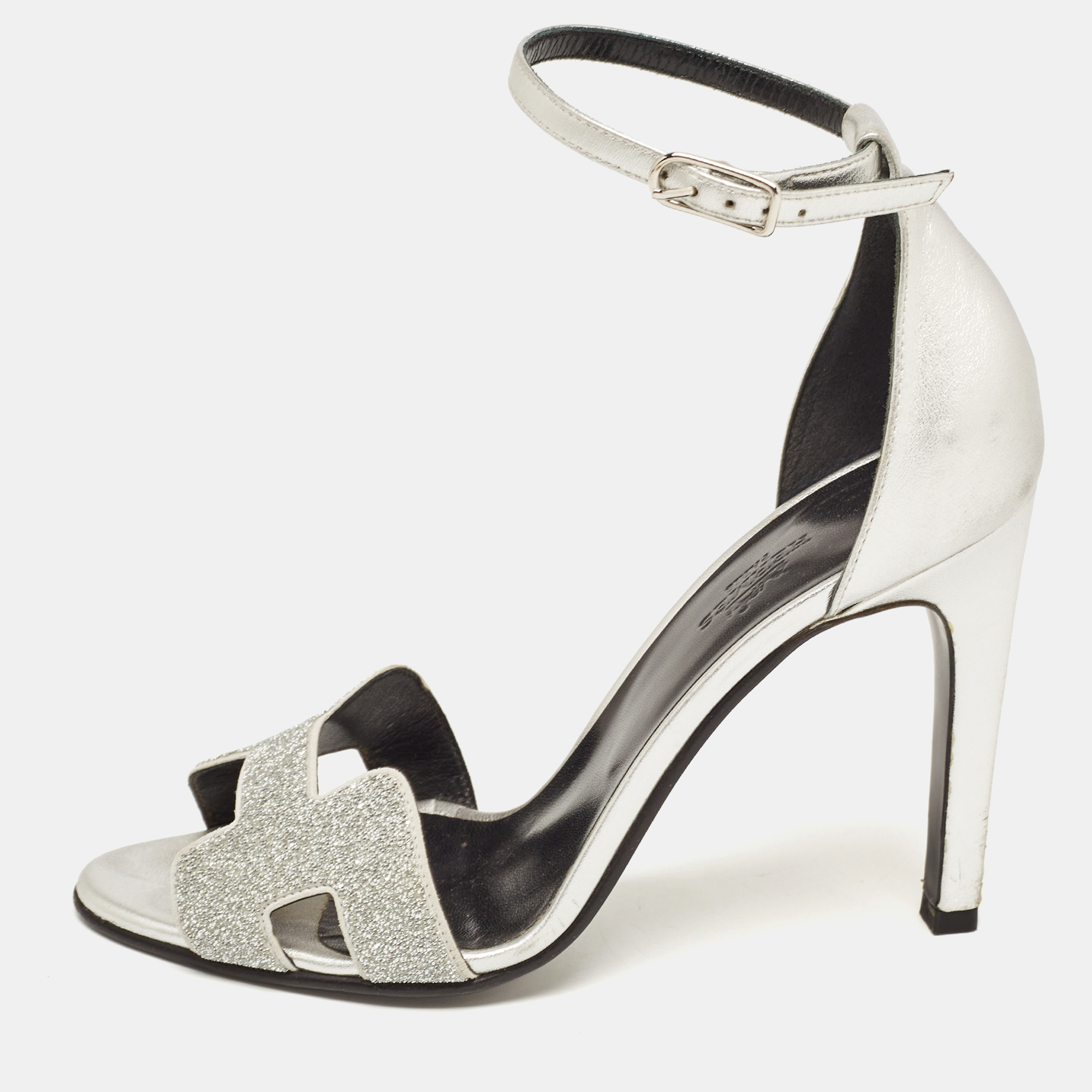 Pre Owned Hermes Silver Leather and Crystal Powder Night Premiere Sandals Size 37