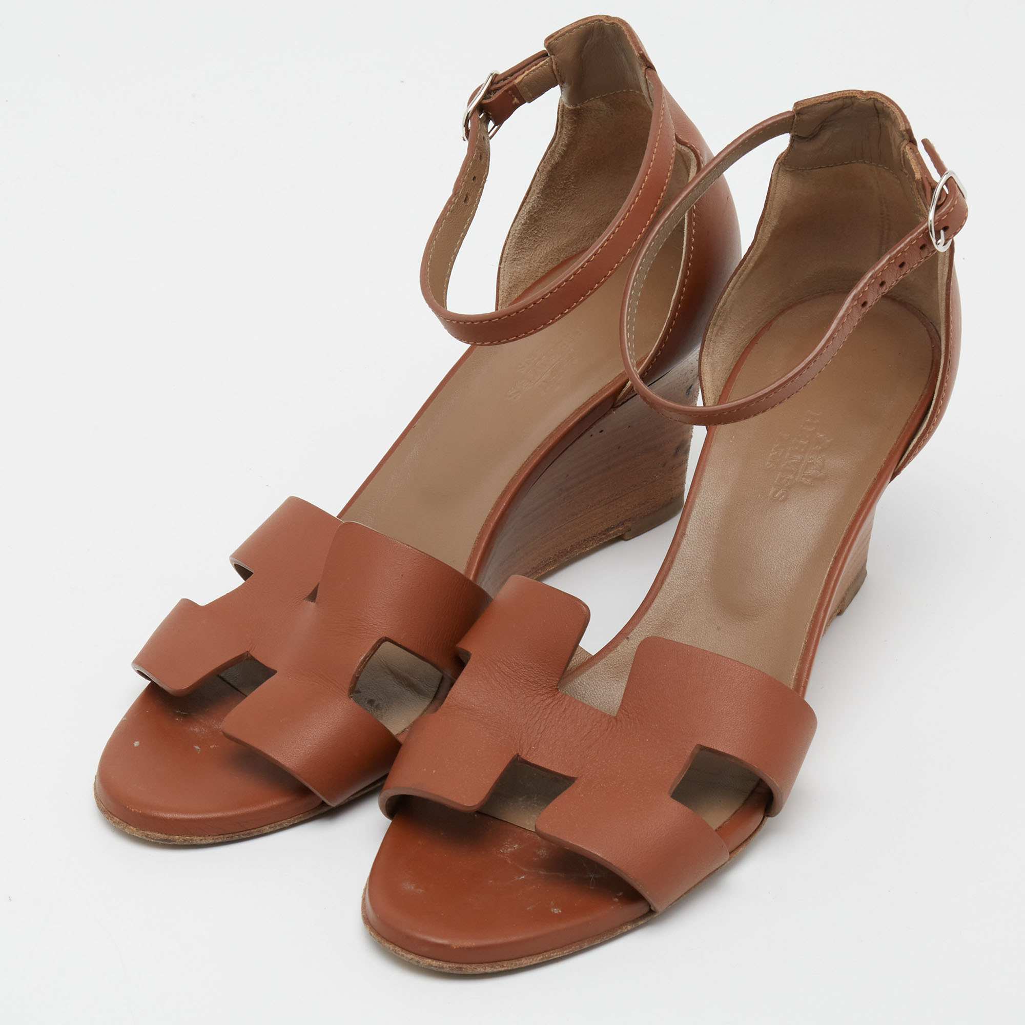 

Hermes Brown Leather Legend Wedge Ankle Strap Sandals Size