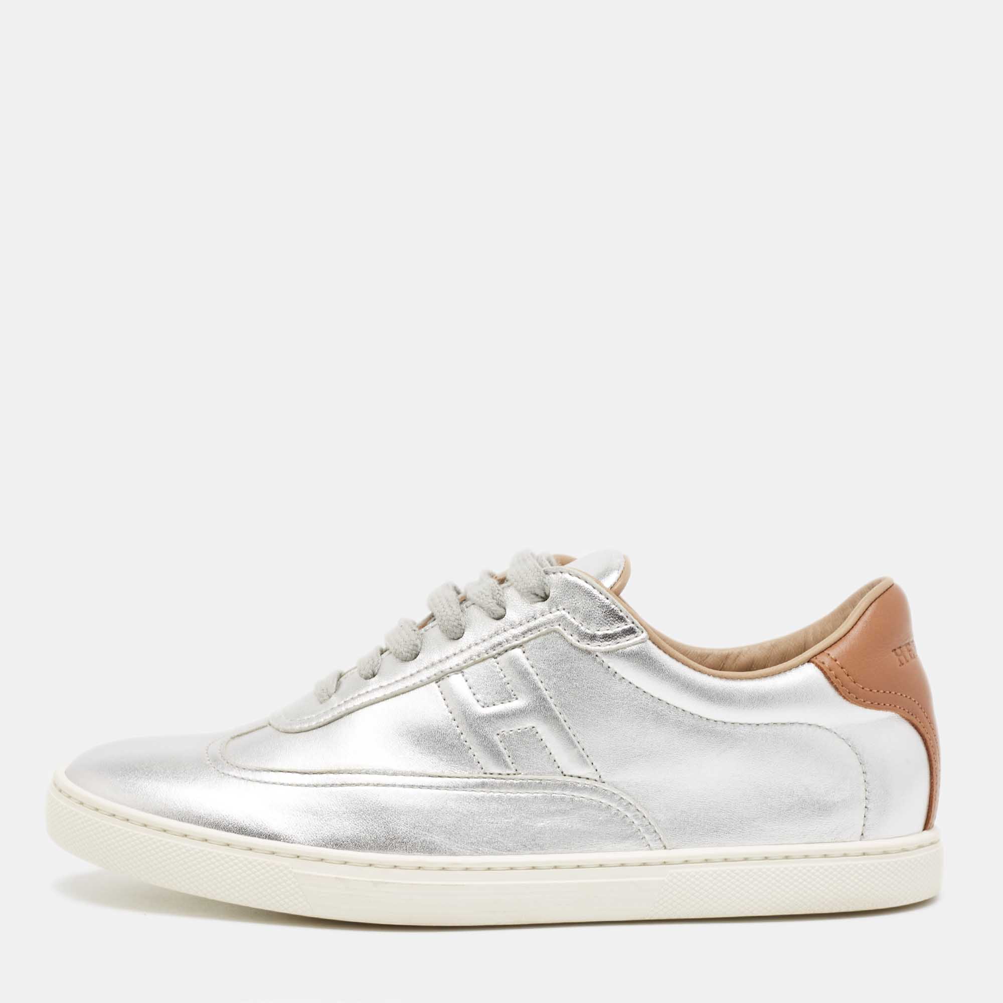Pre-owned Hermes Silver Leather Quicker Low Top Sneakers Size 38