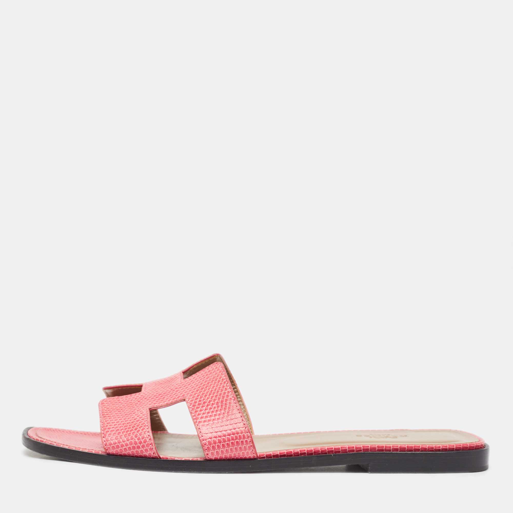 Pre Owned Hermes Pink Lizard Oran Flat Slides Size 40