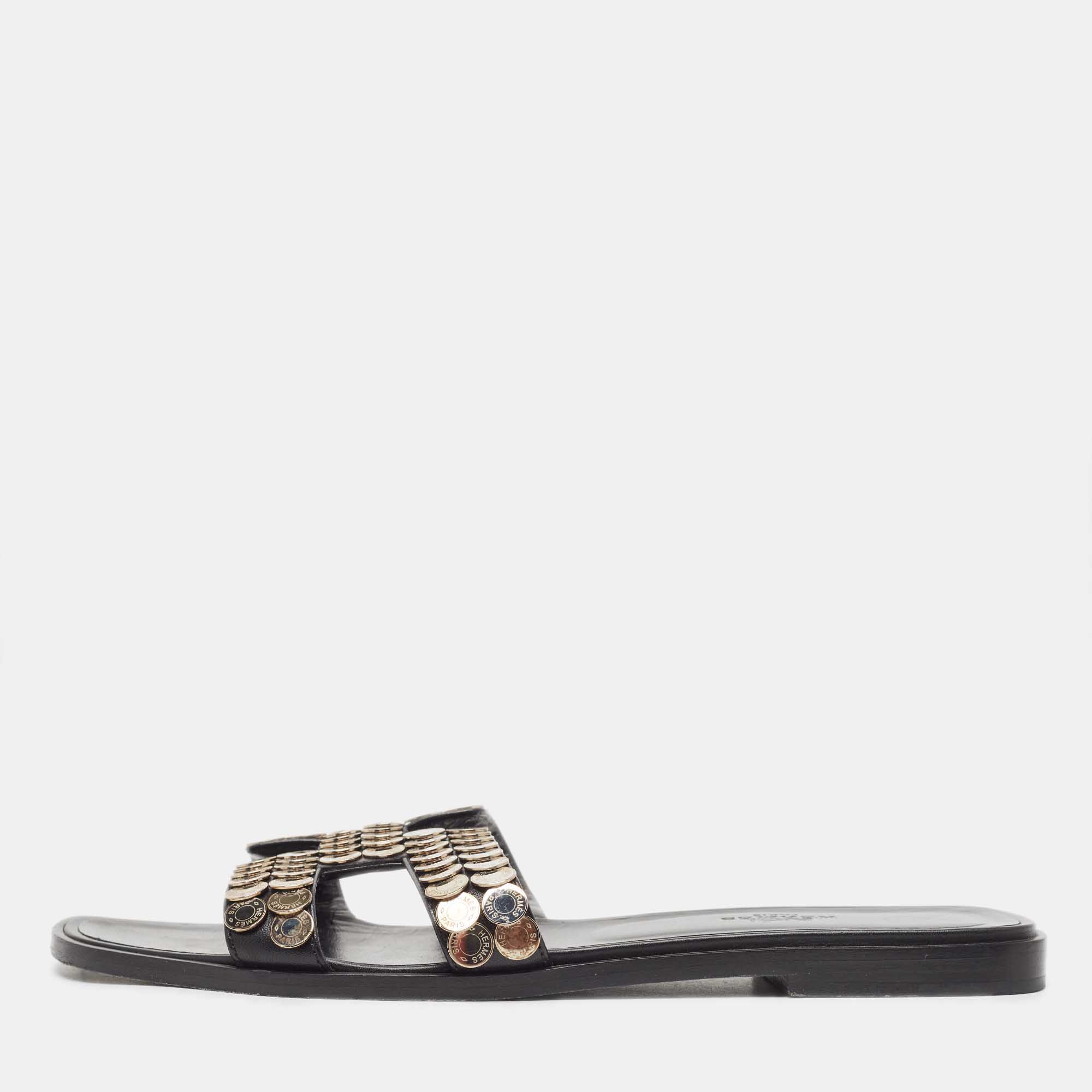 Pre Owned Hermes Gold Leather Oran Flat Slides Size 39 