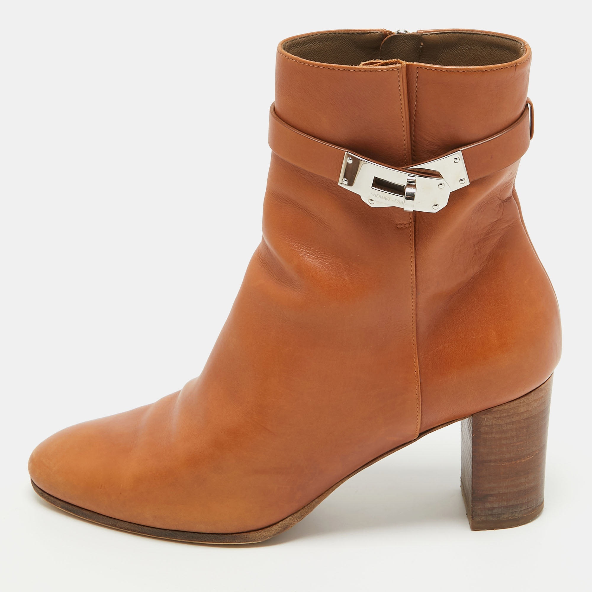 Hermes Brown Leather Saint Germain Block Heel Ankle Boots Size 39
