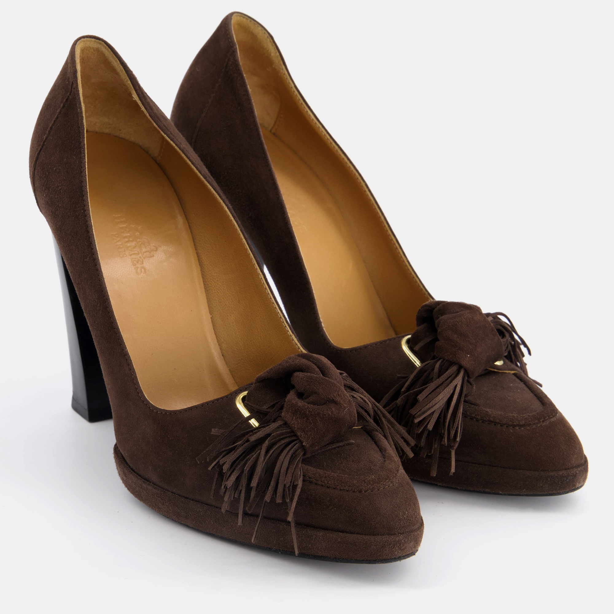 

Hermes Brown Suede Heels with Tassle Knot Detail Size EU