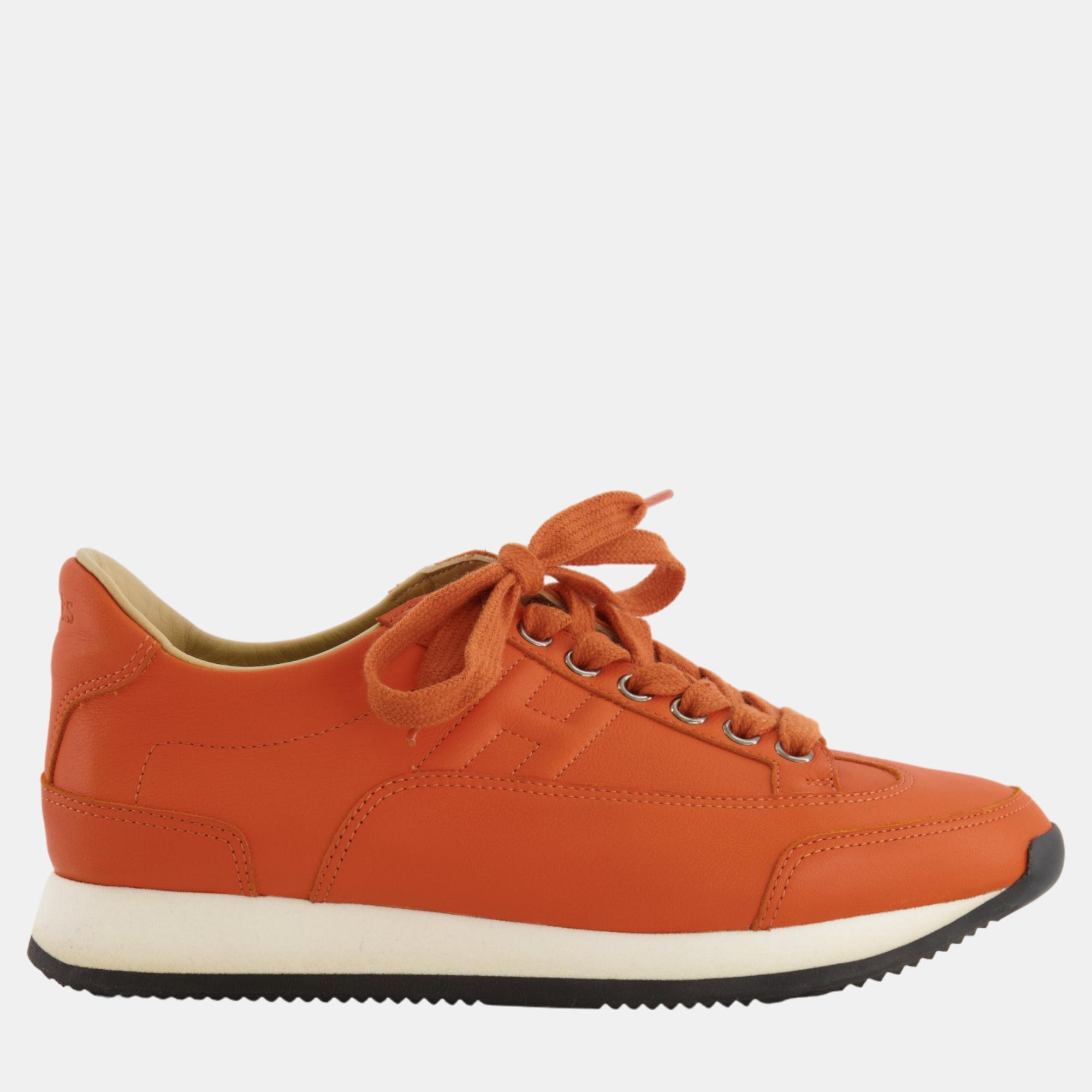 

Hermes Orange Leather Trainers with Logo Detail Size EU