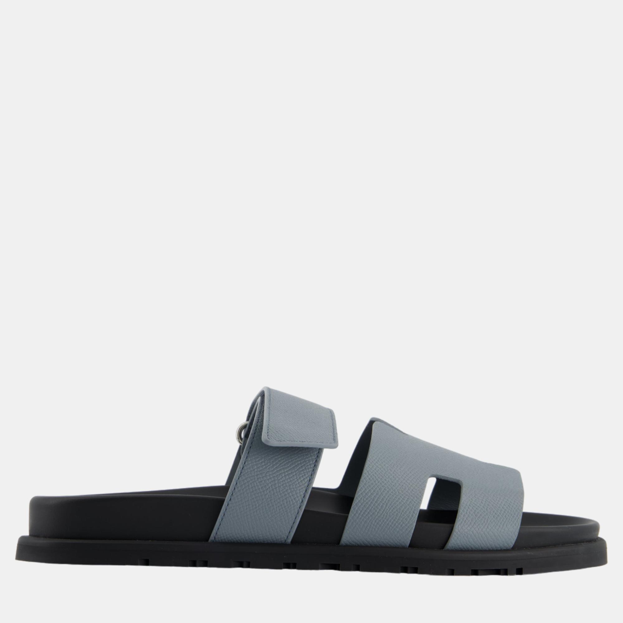 

Hermes Gris Antarctique Epsom Leather Chypre Sandals Size, Black