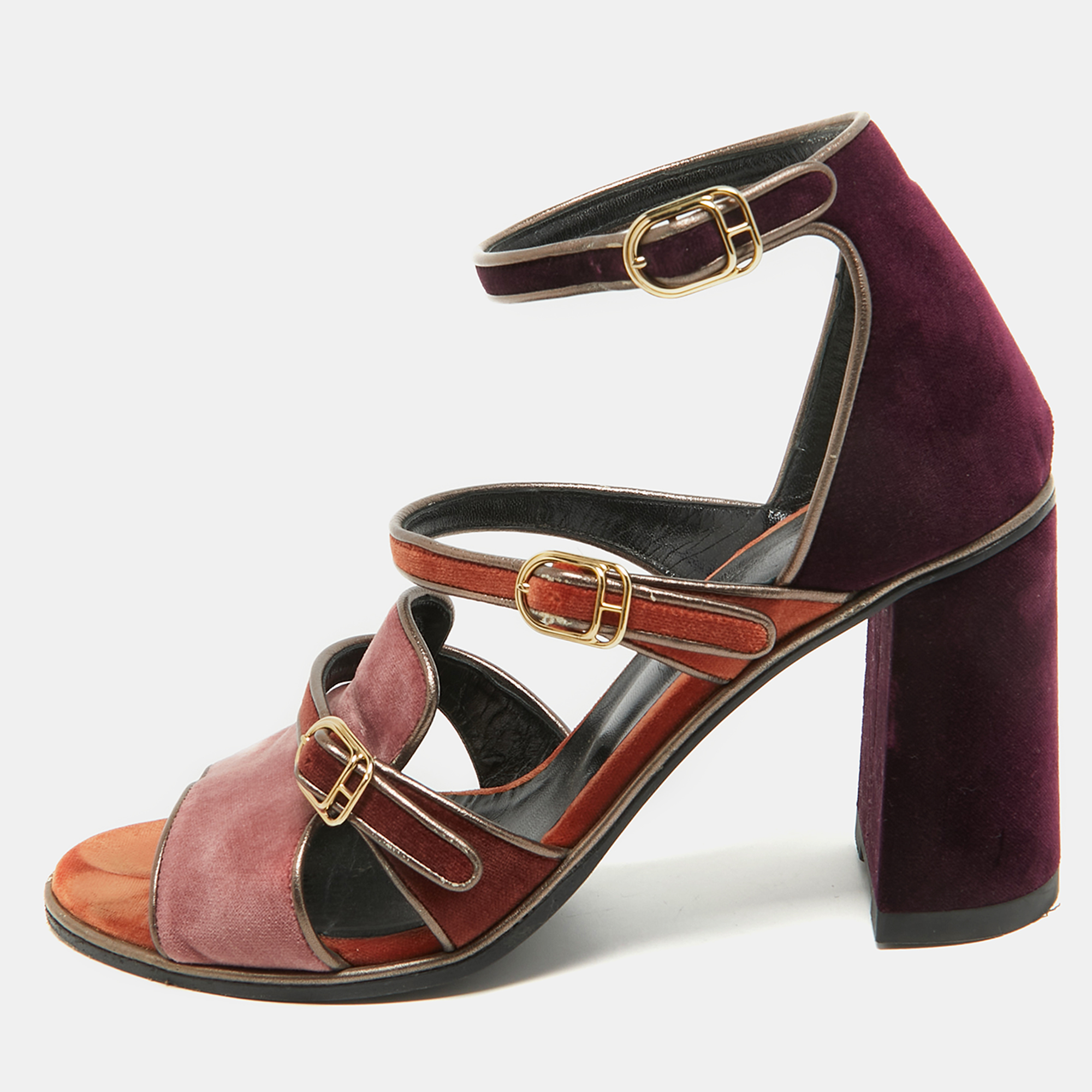 Pre-owned Hermes Multicolor Velvet Ankle Strap Sandals Size 39 In Pink