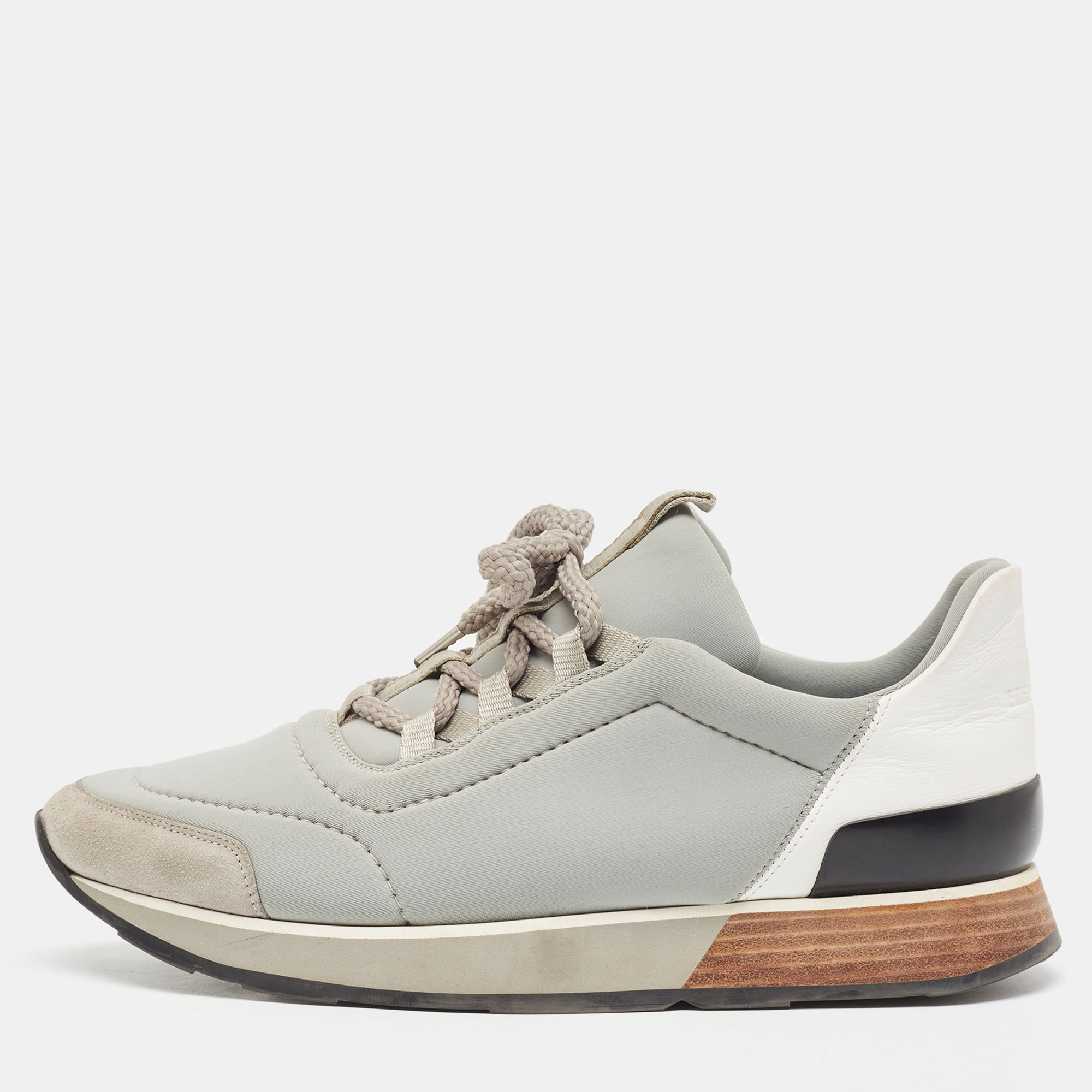 Pre Owned حذاء رياضي هيرمس مايلز جلد ونايلون أبيض/ رصاصي مقاس 39