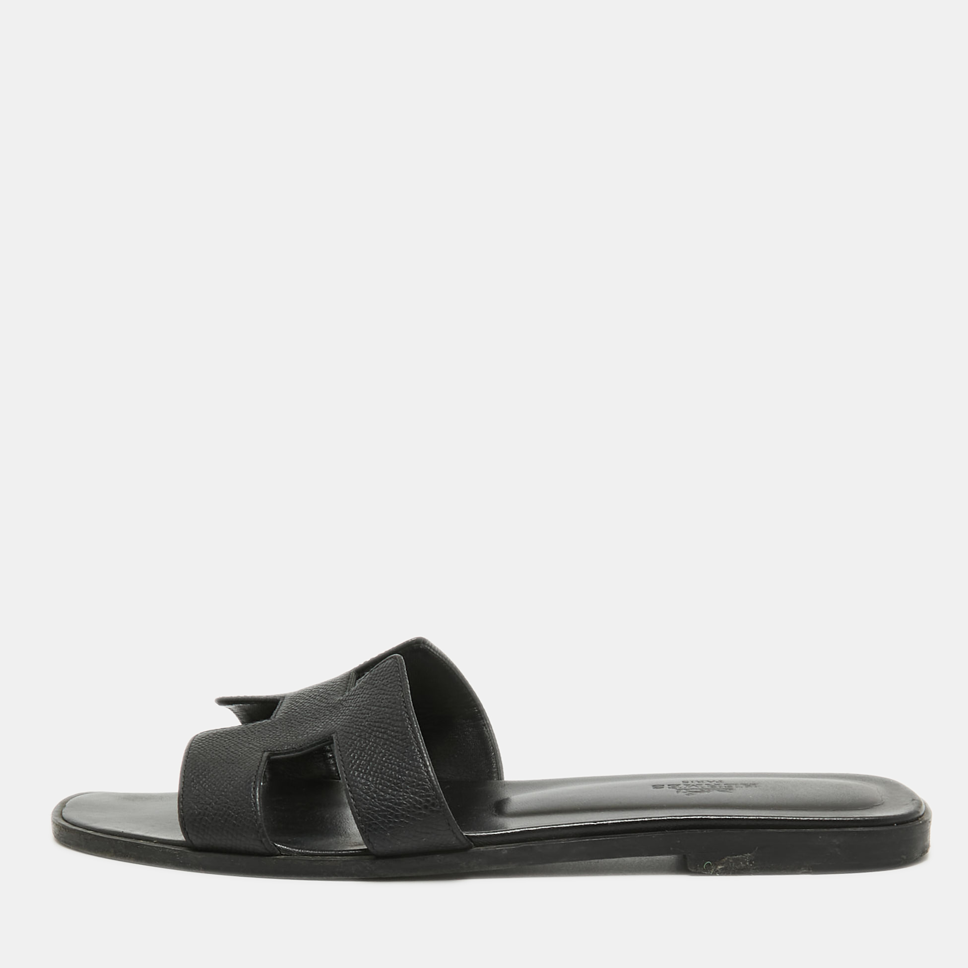 Hermes Black Leather Oran Flat Slides Size 39.5