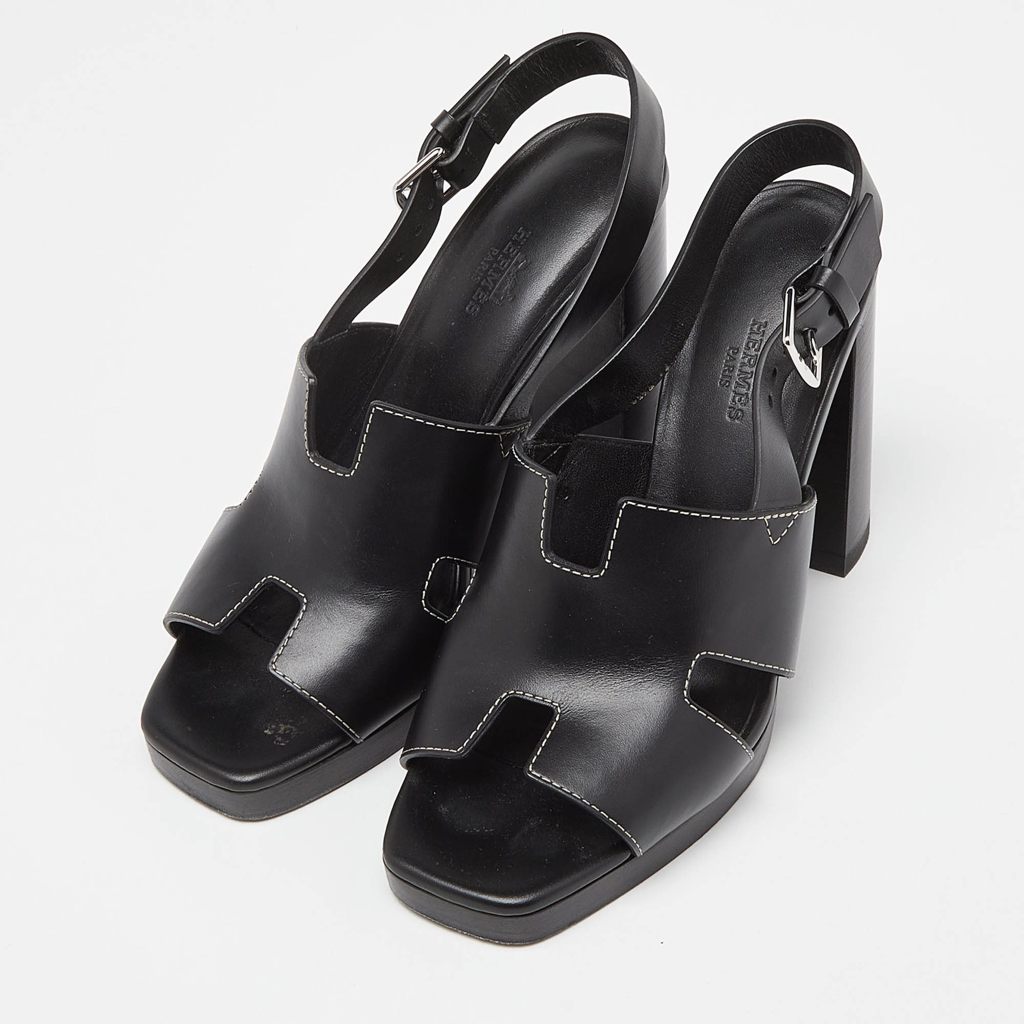 

Hermes Black Leather Eris Block Heel Slingback Sandals Size