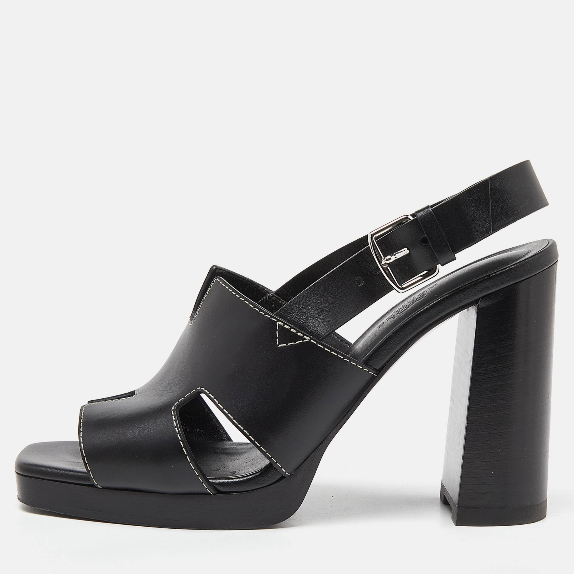 Hermes Black Leather Eris Block Heel Slingback Sandals Size 38