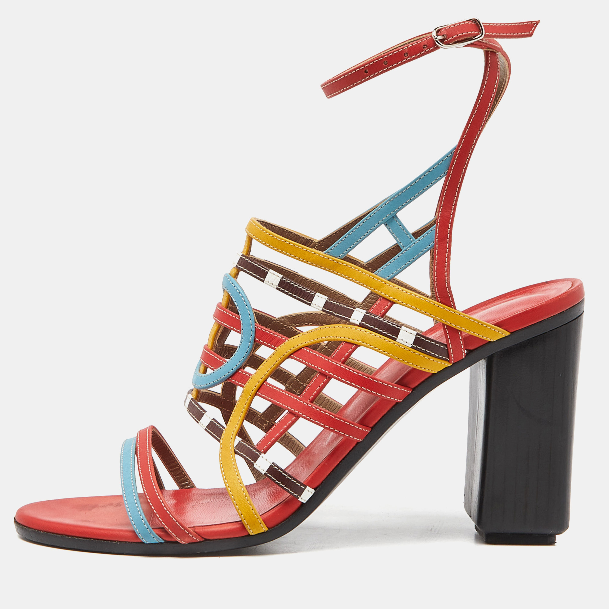 Pre Owned Hermes Multicolor Leather Block Heel Ankle Strap Sandals Size 38.5