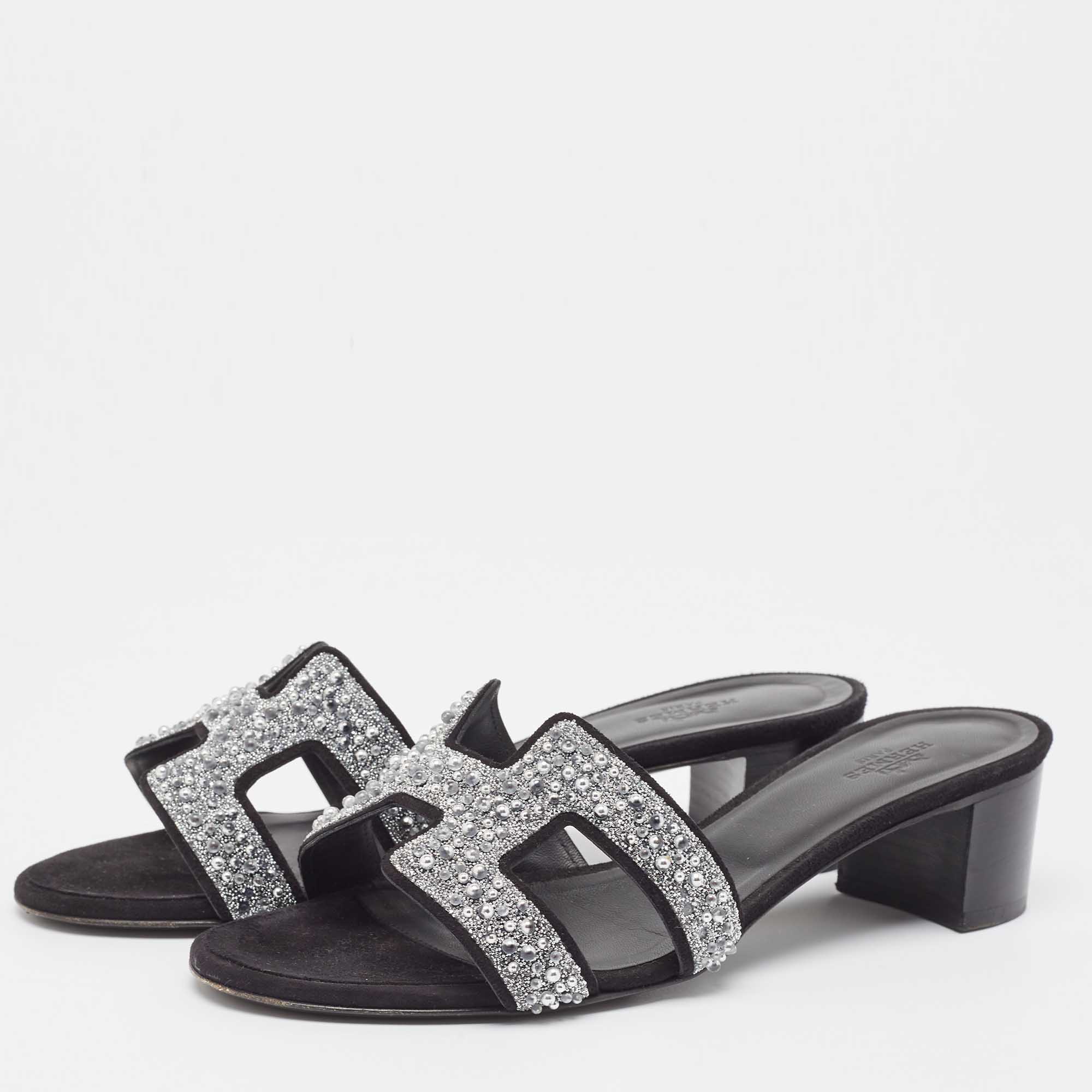 

Hermes Black Suede Oasis Embellished Slide Sandals Size