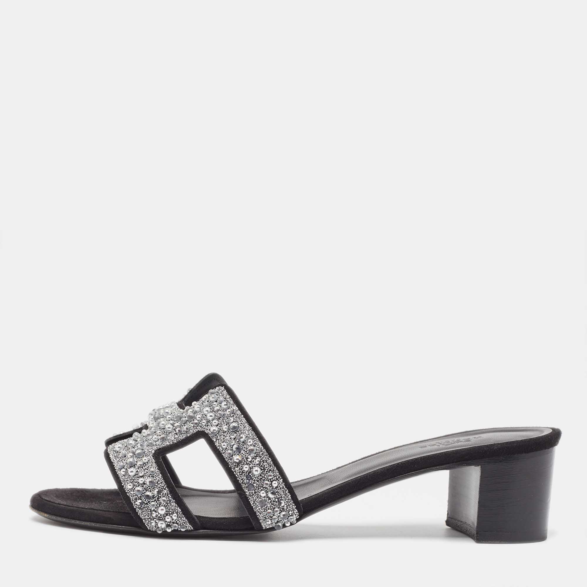 Hermes Black Suede Oasis Embellished Slide Sandals Size 37