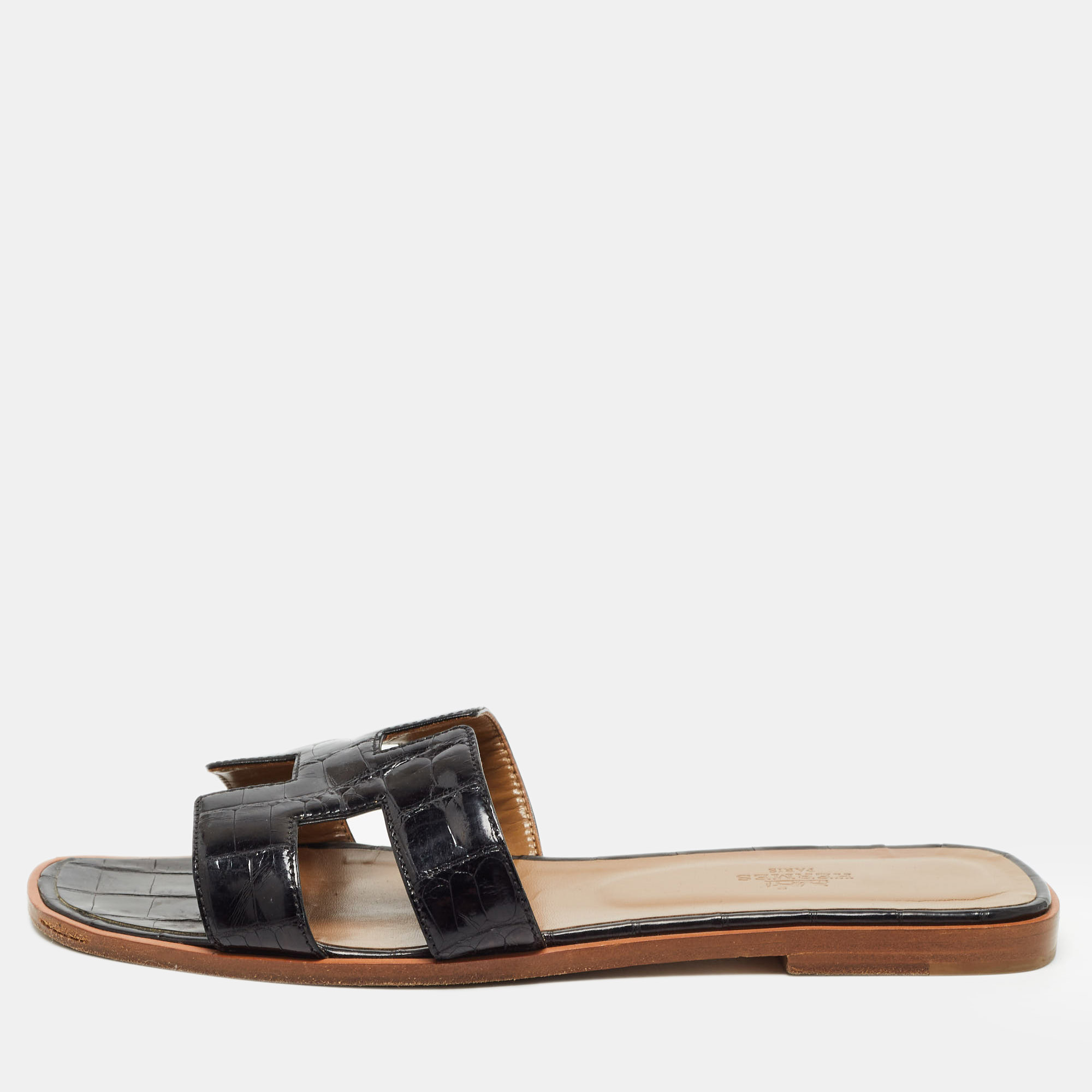 Pre Owned Hermes Black Crocodile Oran Flat Slides Size 40