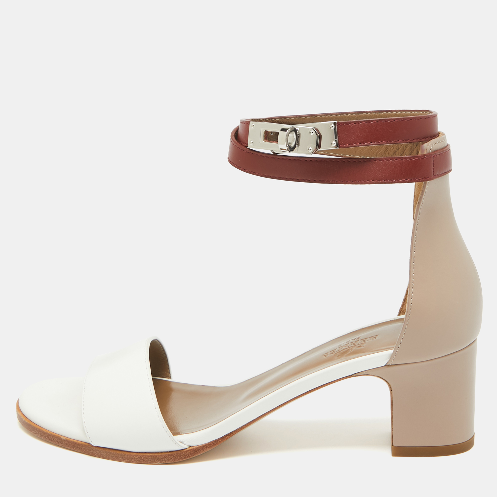 

Hermes Two Tone Leather Manege Ankle Strap Sandals Size, White