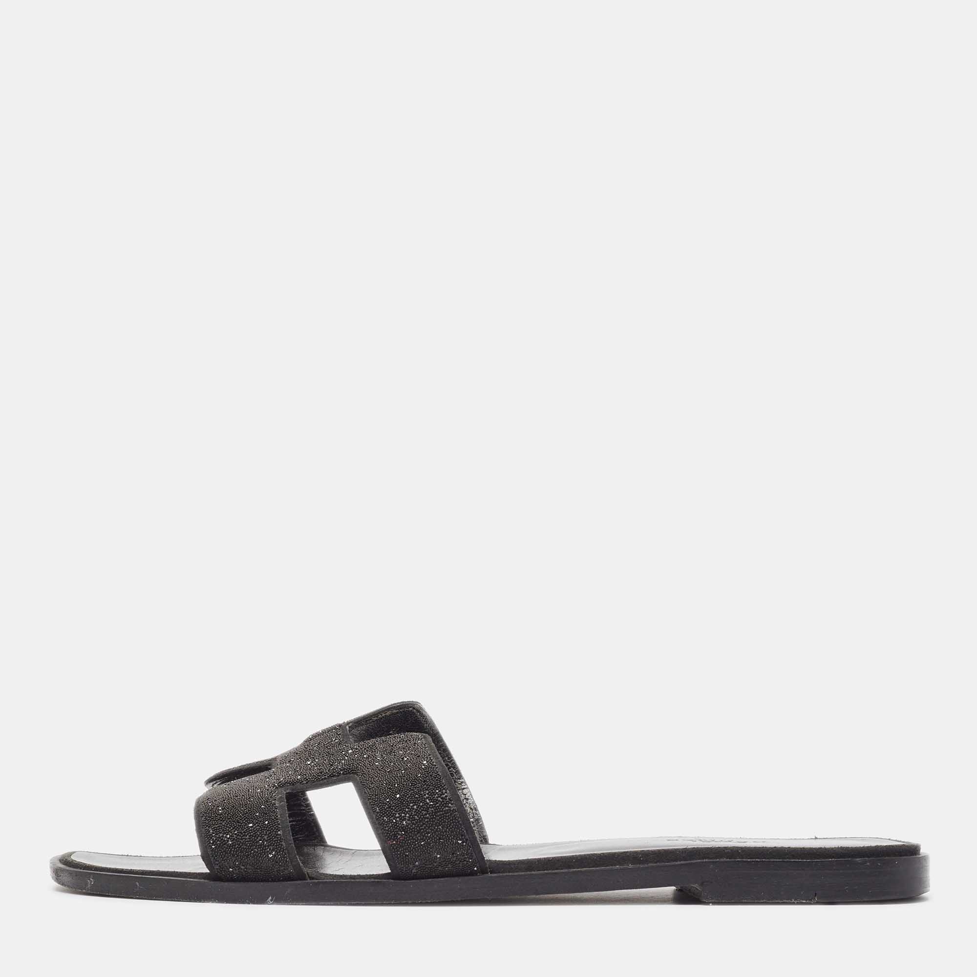 Hermes Black Glitter  Oran Flat Slides Size 39