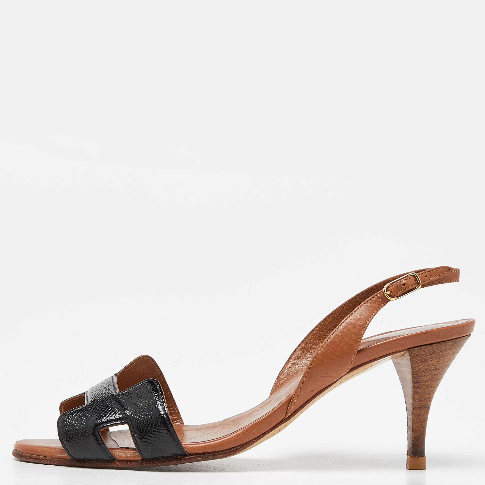 

Hermes Black/Brown Patent and Leather Night Sandals Size