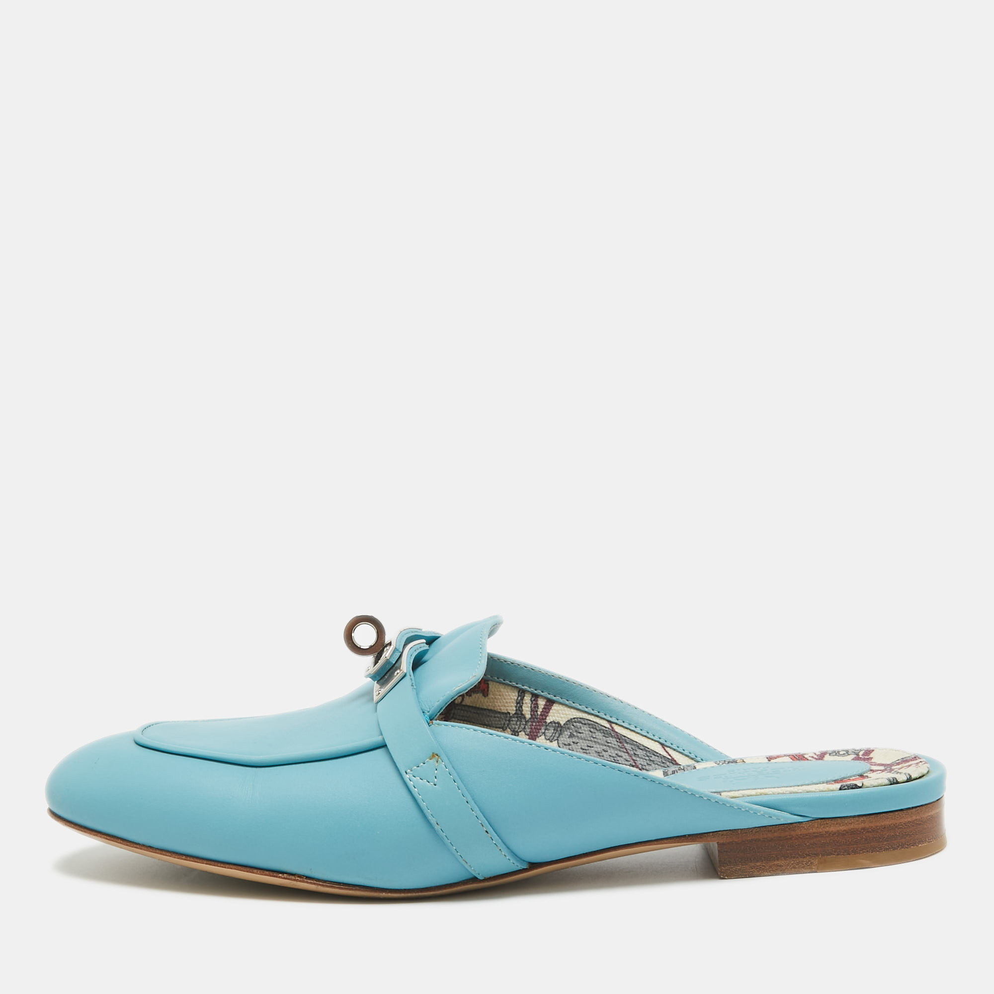 

Hermes Blue Leather Oz Mules Size