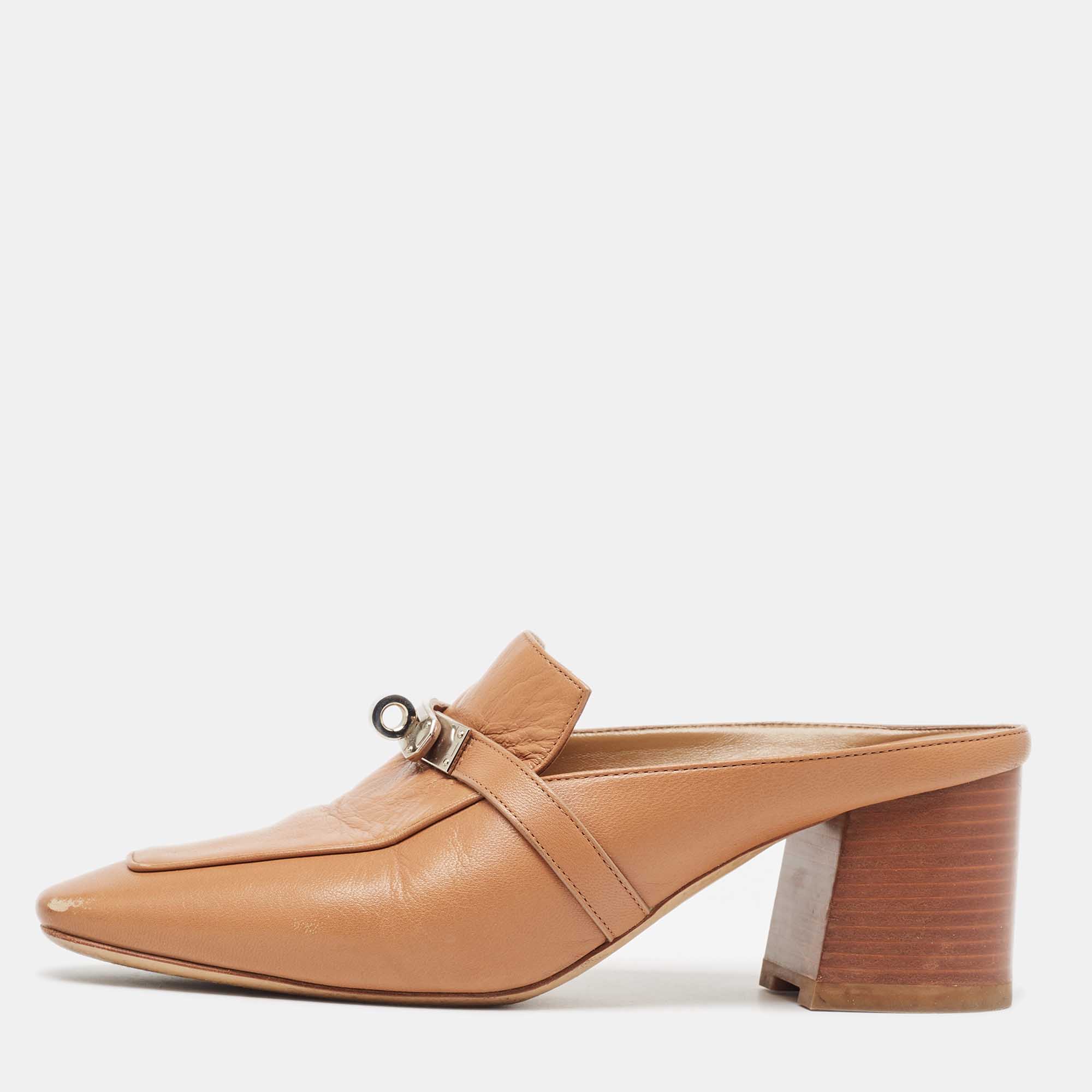 

Hermes Brown Leather Blossom Mules Size