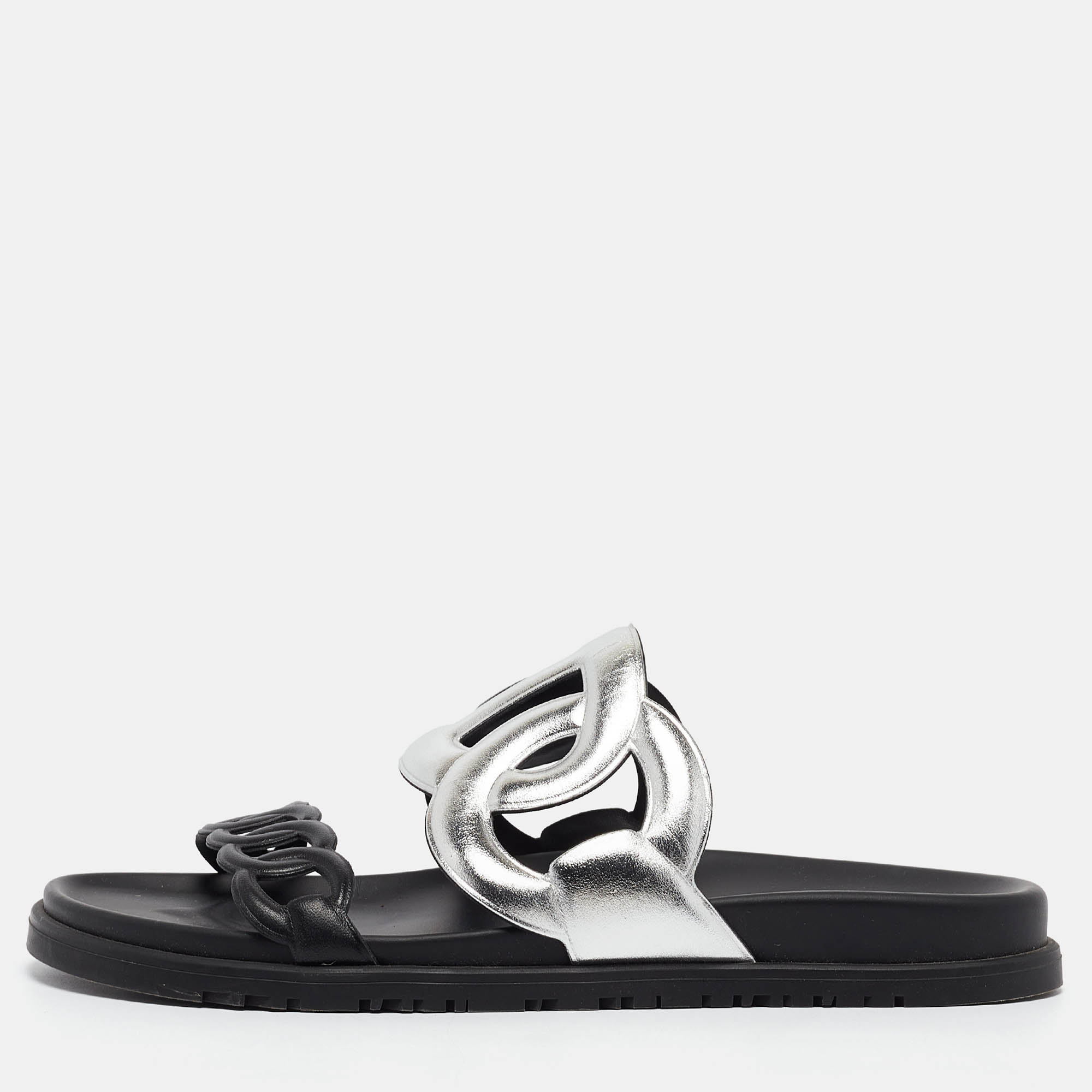 

Hermes Black/Silver Leather Extra Sandals Size