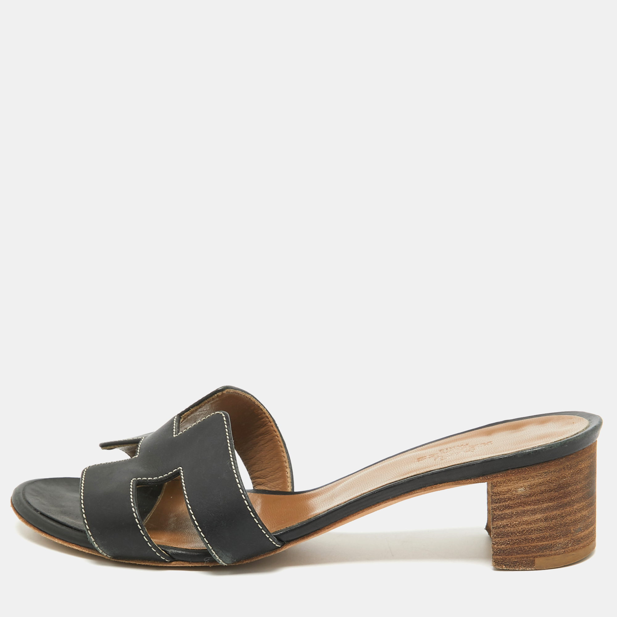

Hermes Black Leather Oasis Slide Sandals Size