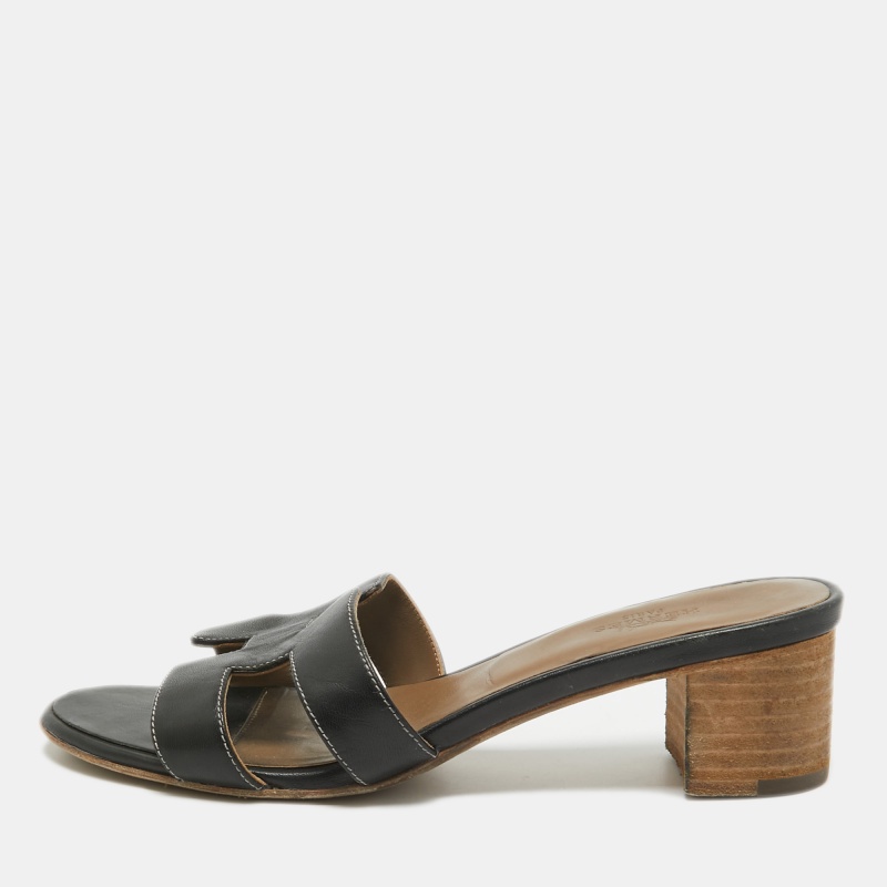 

Hermes Black Leather Oasis Slide Sandals Size