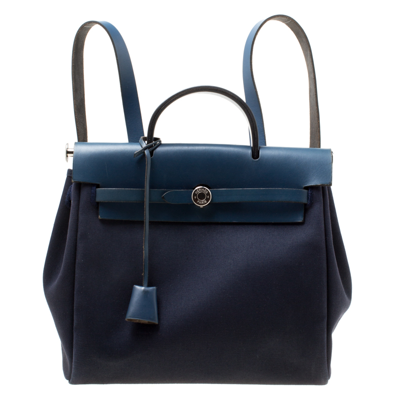 Hermes Denim Blue Fabric and Leather 2-in-1 Herbag Backpack