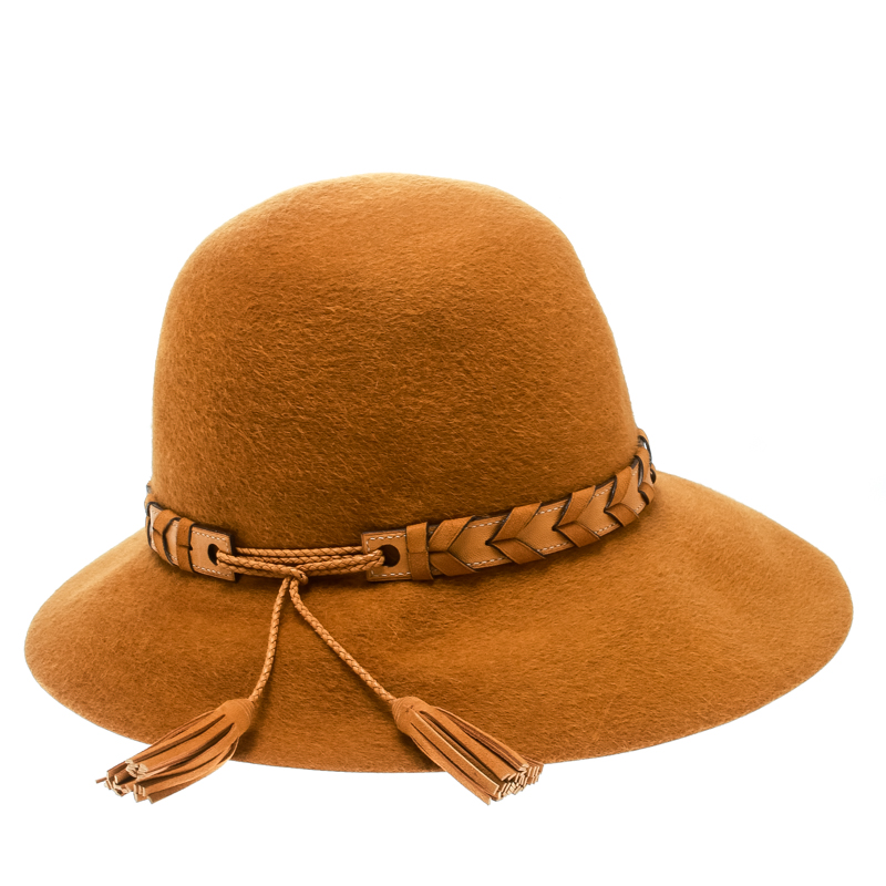 Hermes Mustard Yellow Felt Braided Leather Tassel Trim Fedora Hat Size 57