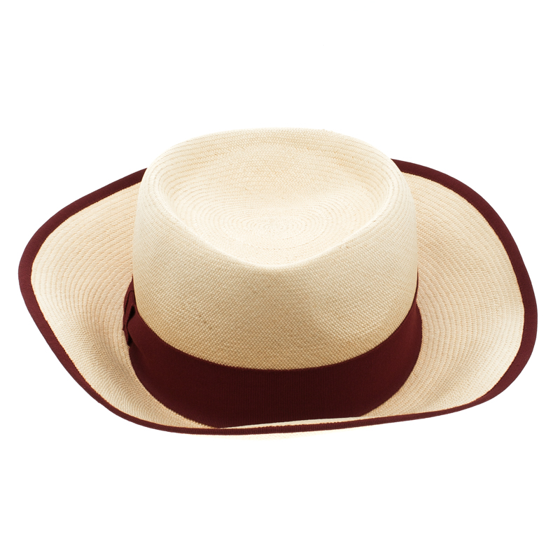 

Hermes Beige Basket Weave Maroon Ribbon Detail Panama Hat Size