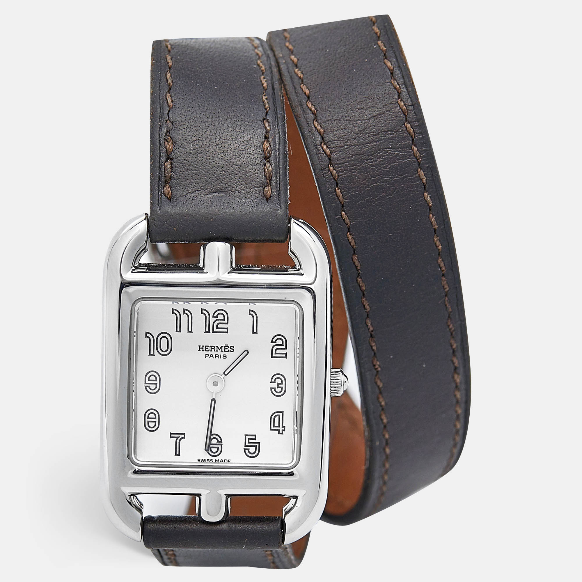 

Hermes Silver Stainless Steel Leather Cape Cod CC1.210 Unisex Wristwatch, Brown