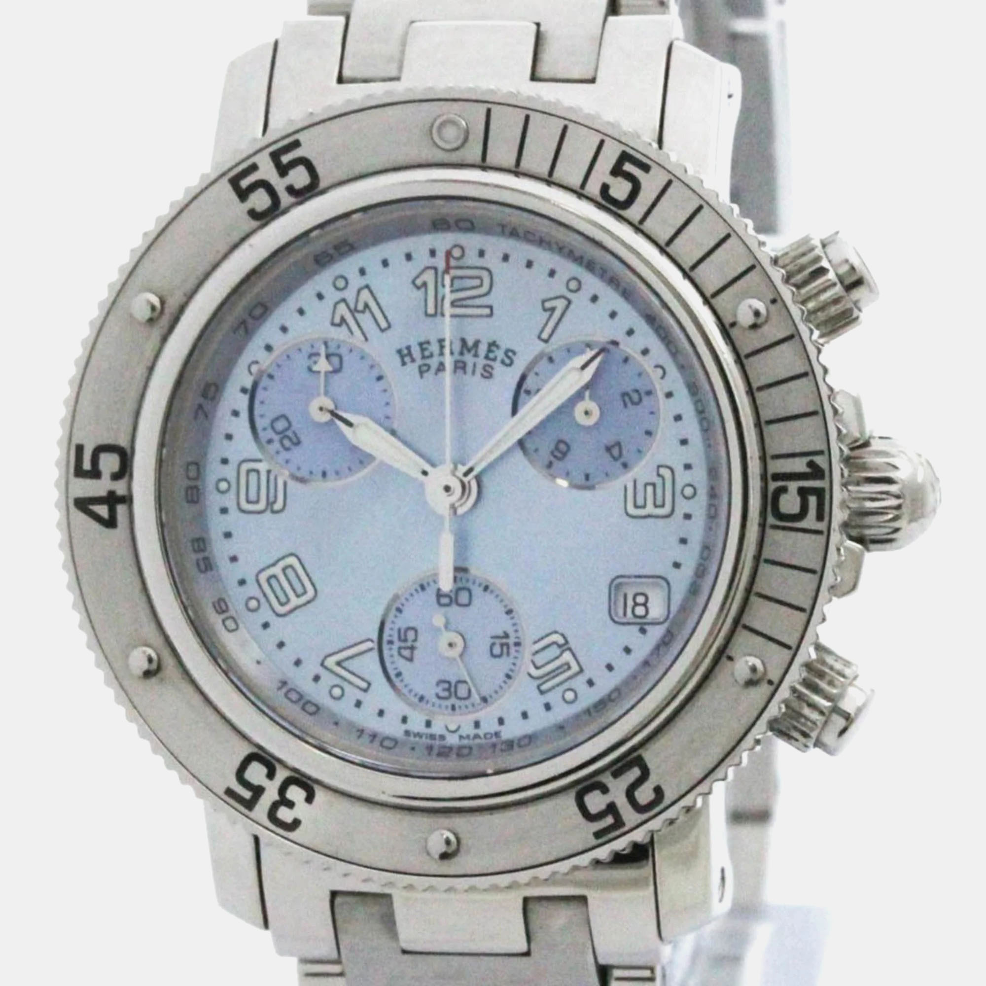 

Hermes Blue Shell Stainless Steel Clipper Quartz Women's Wristwatch 33 mm