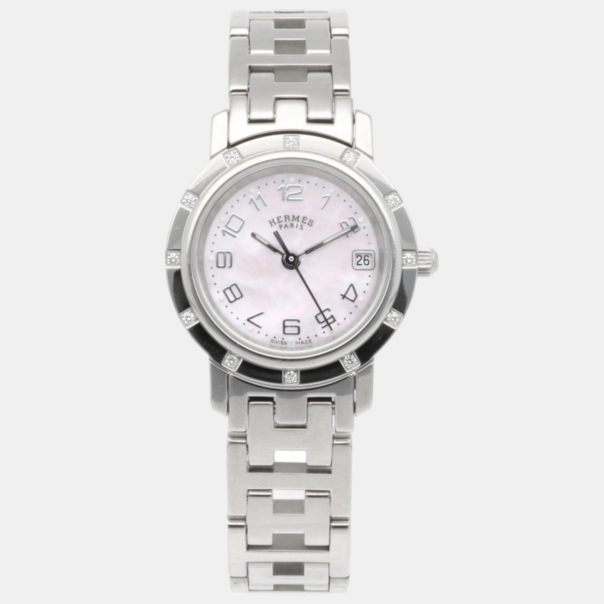 

Hermes Mother of Pearl Stainless Steel Clipper Quartz Women's Wristwatch 24 mm, White