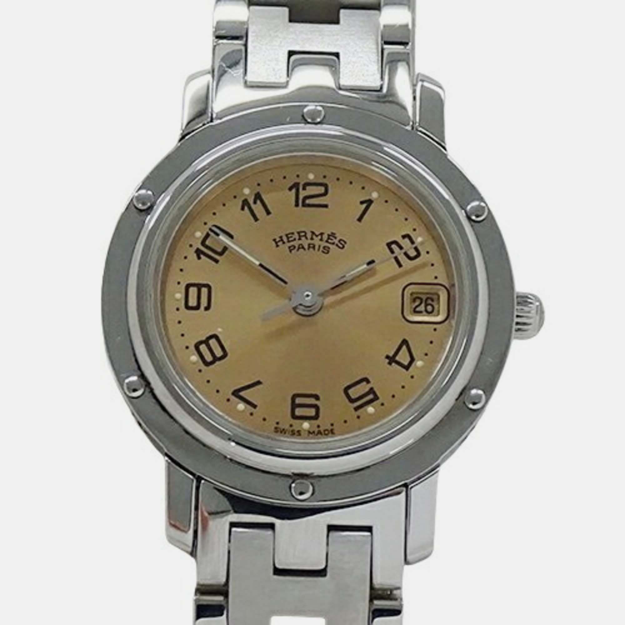 Pre-owned Hermes Orange Stainless Steel Clipper Quartz Women's Wristwatch 24 Mm