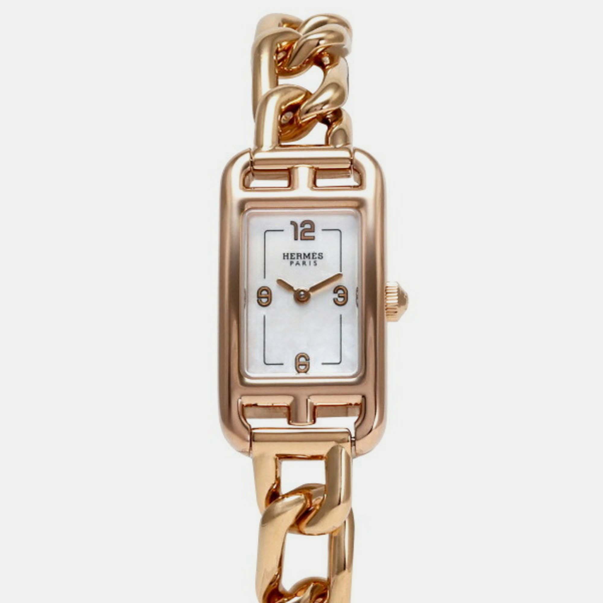 Pre-owned Hermes White 18k Rose Gold Nantucket Quartz Women's Wristwatch 17 Mm