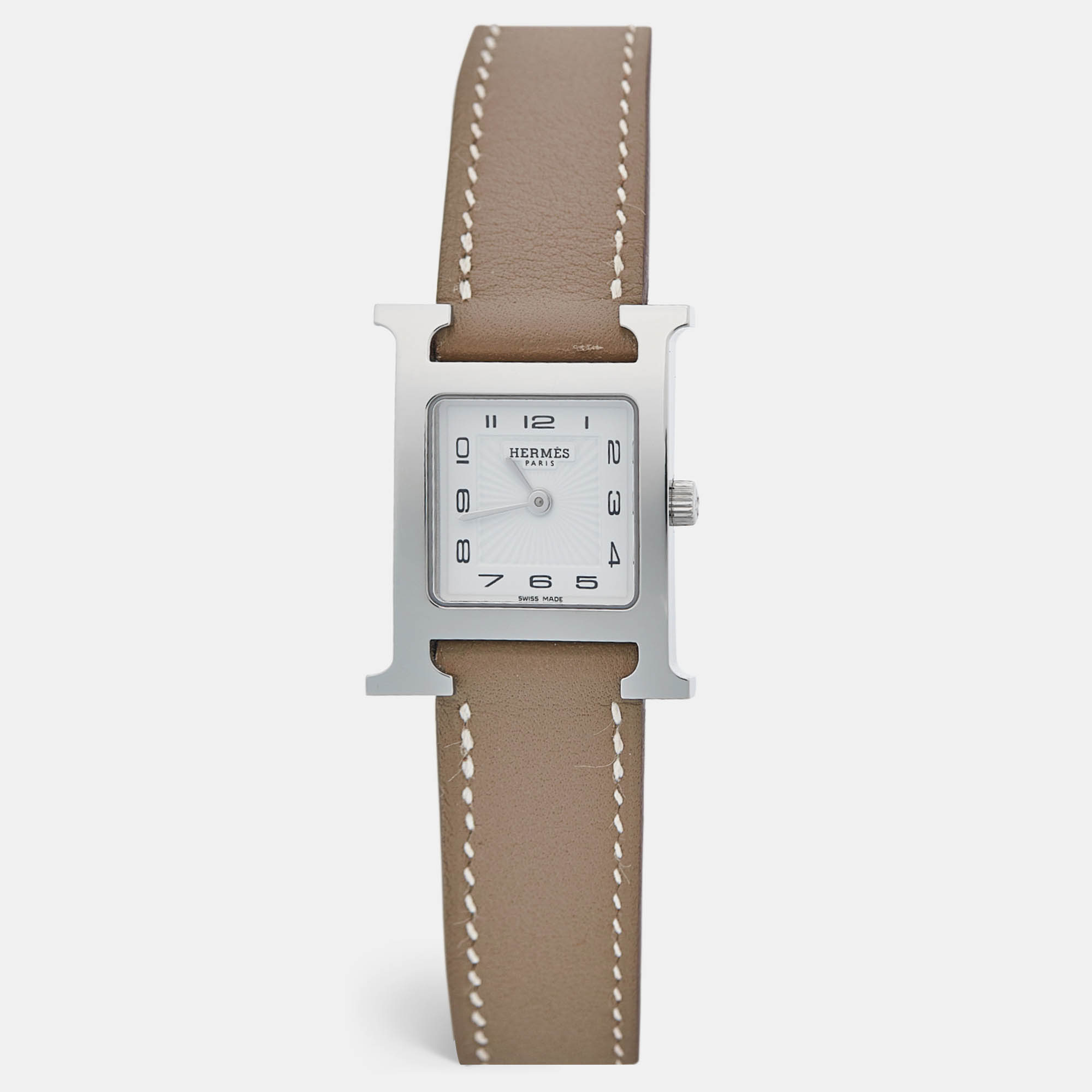 

Hermes White Stainless Steel Leather Heure H HH1.210 Women's Wristwatch, Grey