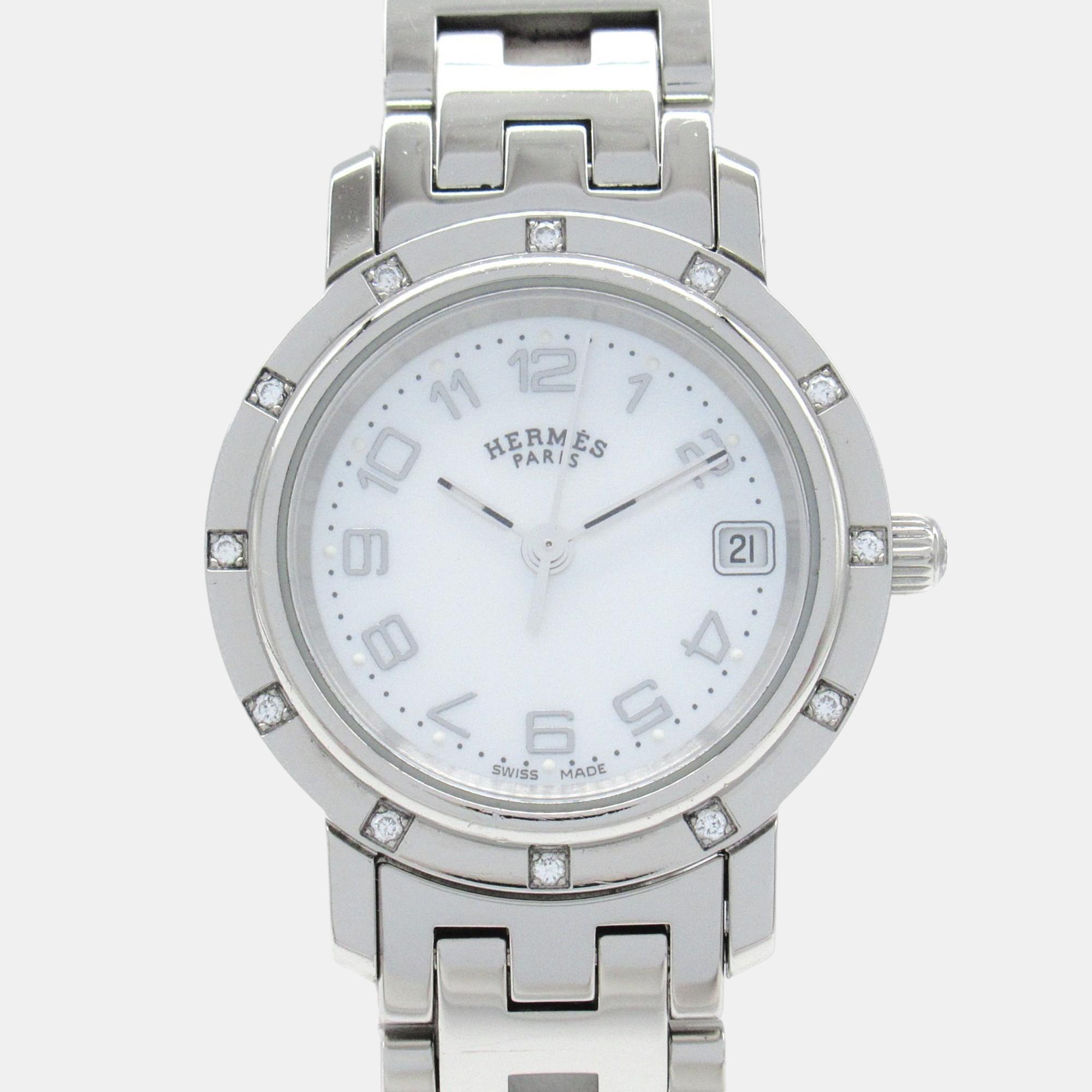 

Hermes White Stainless Steel Shell Clipper Nacle Diamond Bezel Watch