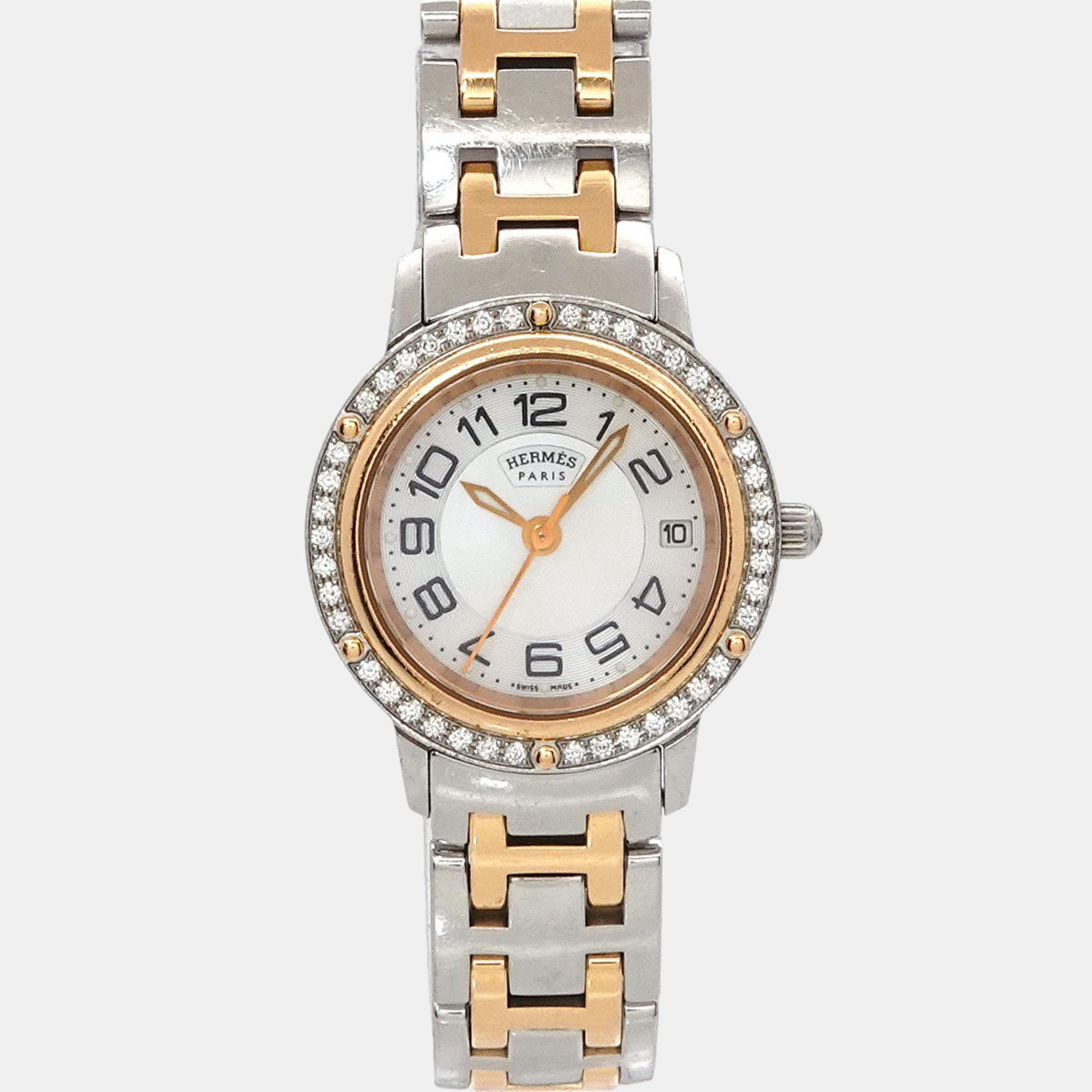 

Hermes White Shell Quartz Clipper Nakre Combi CP1 222 Ladies Watch