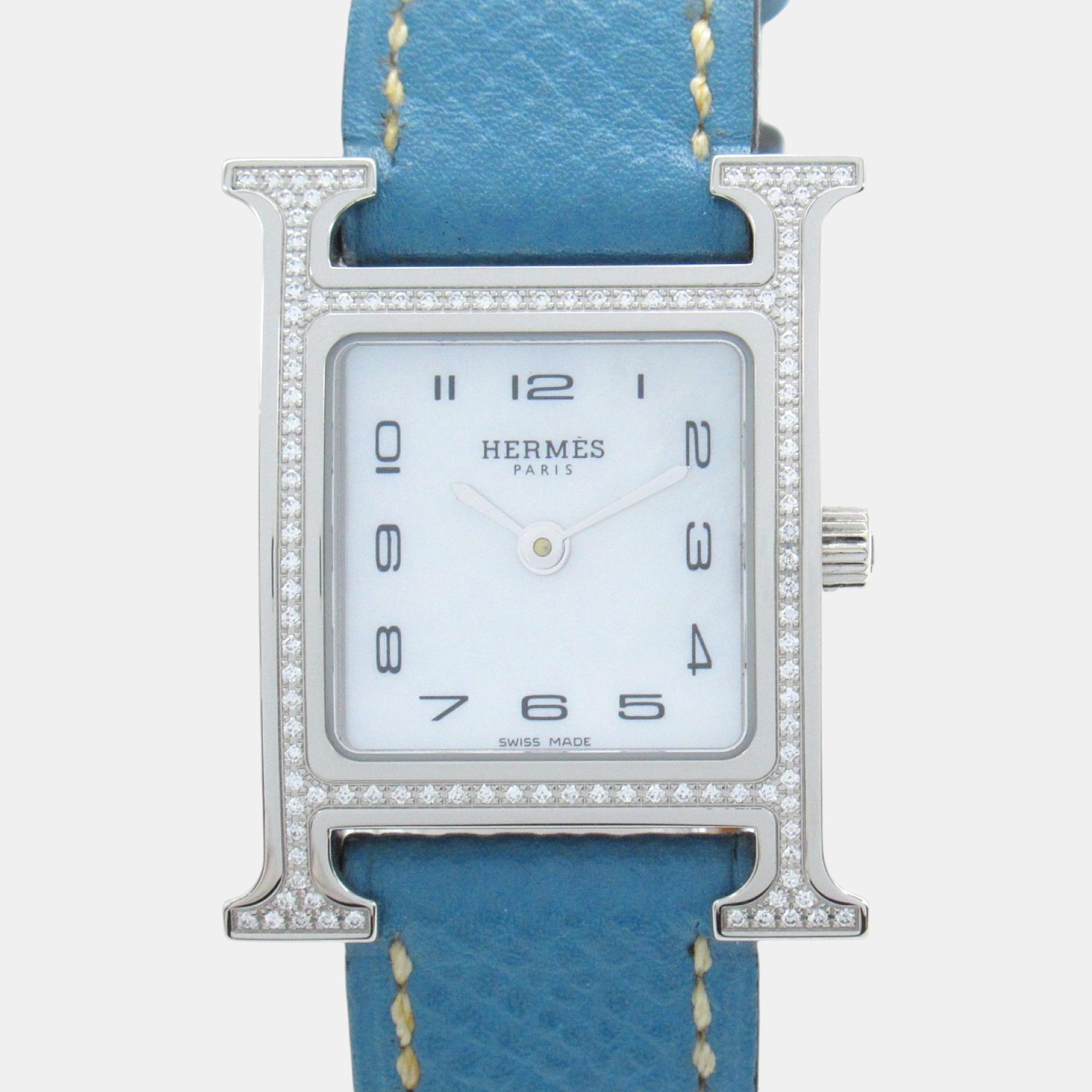 

Hermes White Shell H Diamond Bezel Wristwatch