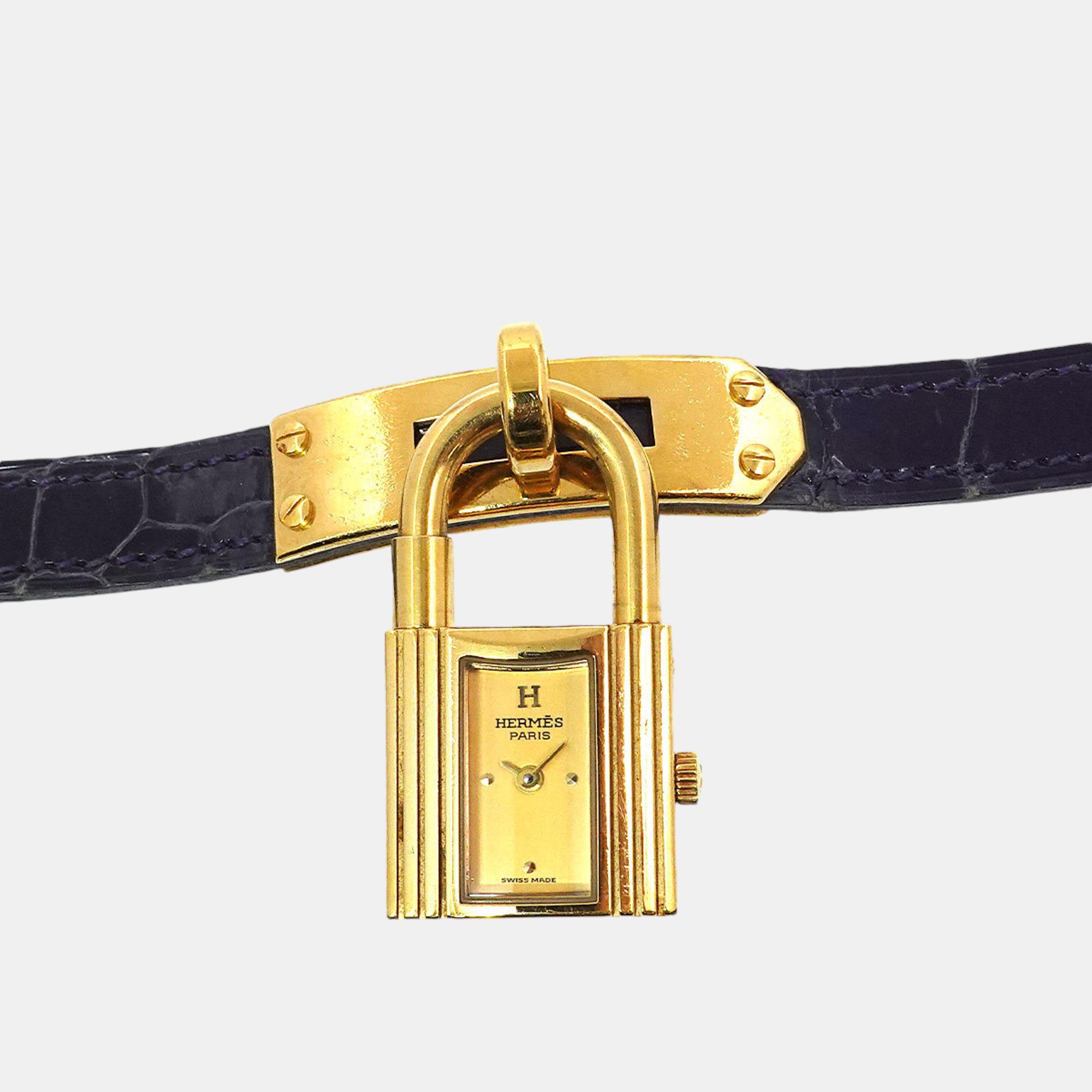 Pre-owned Hermes Gold Quartz Padlock Kelly Watch