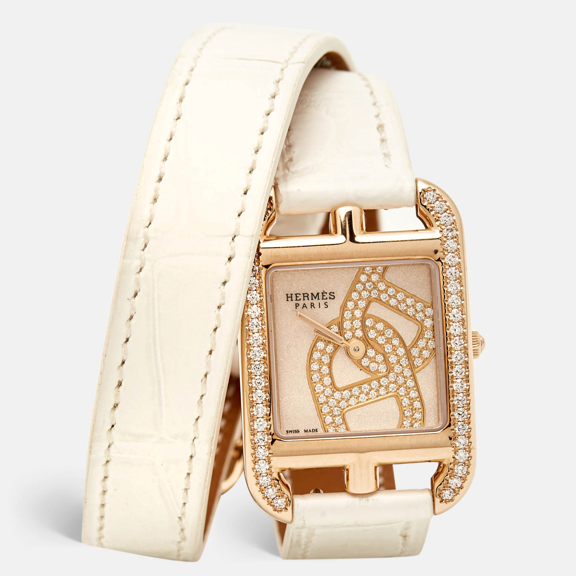 Pre-owned Hermes Gilded Sand-blasted 18k Rose Gold Diamond Alligator Leather Cape Cod Chaine D'ancre Joaillier W05471 In White