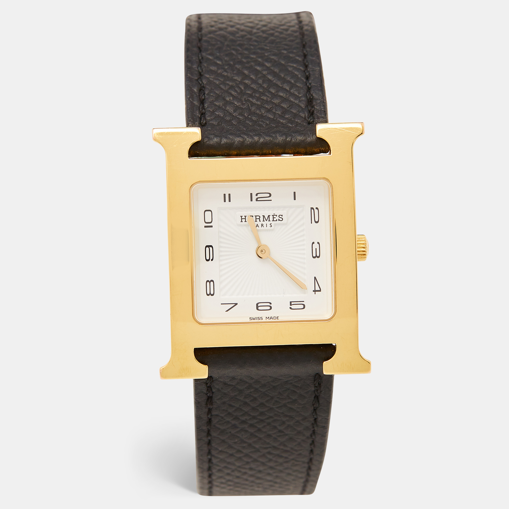 

Hermes White Yellow Gold Plated Stainless Steel Leather Heure H HH1.501e Women's Wristwatch, Black