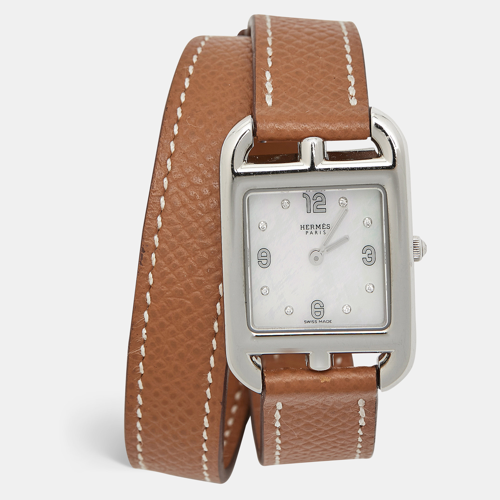 

Hermes Mother Of Pearl Diamond Leather Cape Cod CC1.210c Women's Wristwatch, Brown