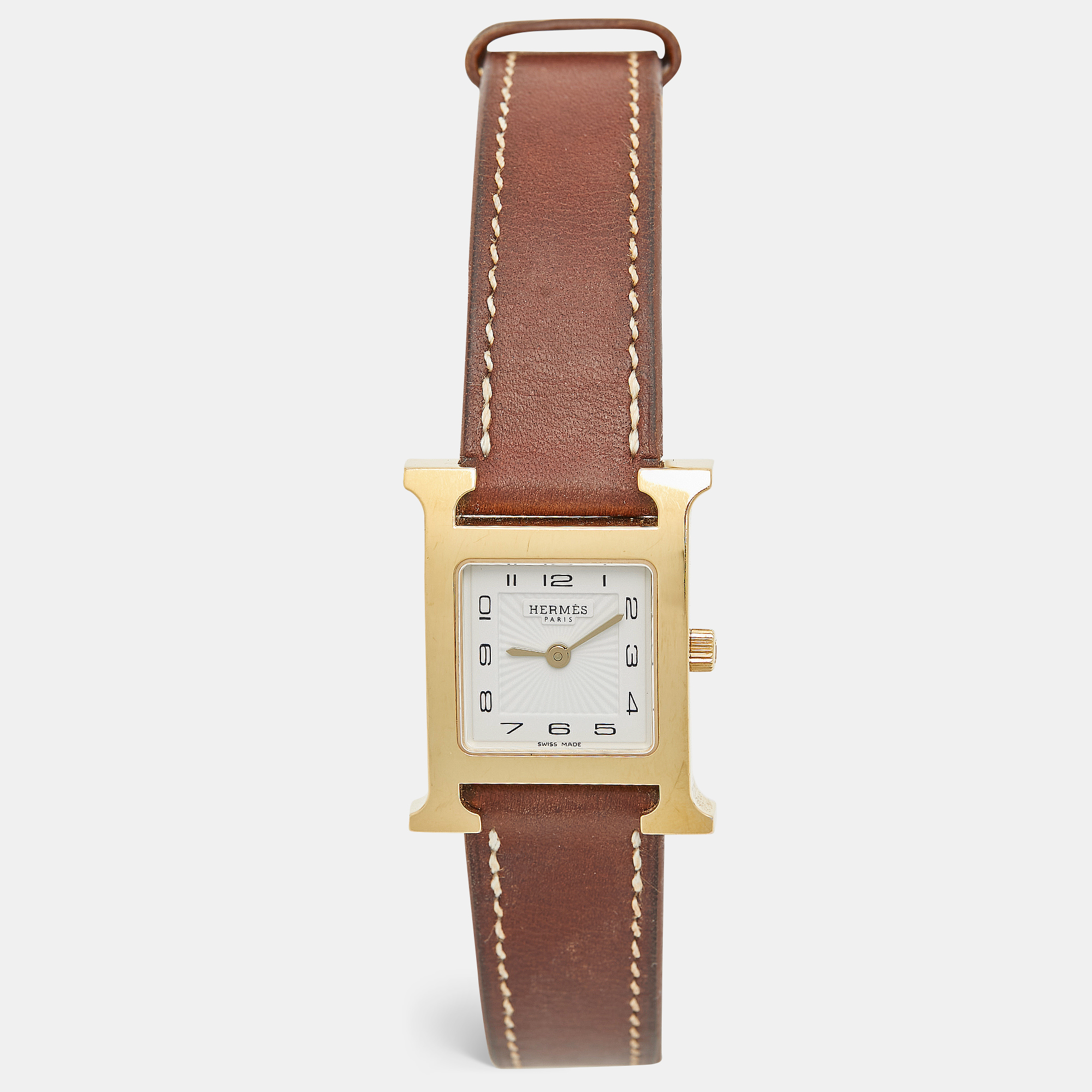 

Hermes White Yellow Gold Plated Stainless Steel Leather Heure H W036734WW00 Women's Wristwatch, Brown