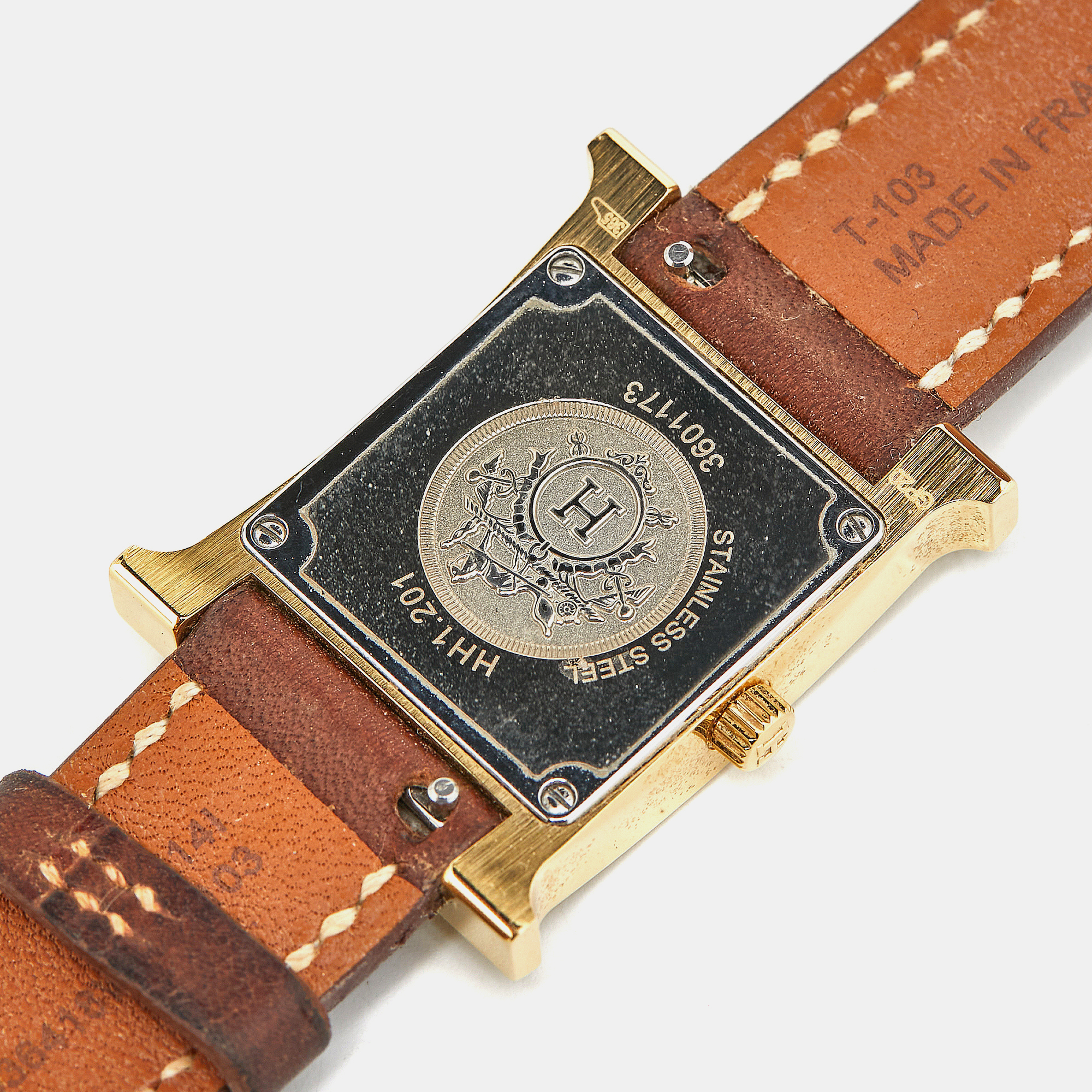 Hermes White Yellow Gold Plated Stainless Steel Leather Heure H W036734WW00 Women`s Wristwatch 21 mm 