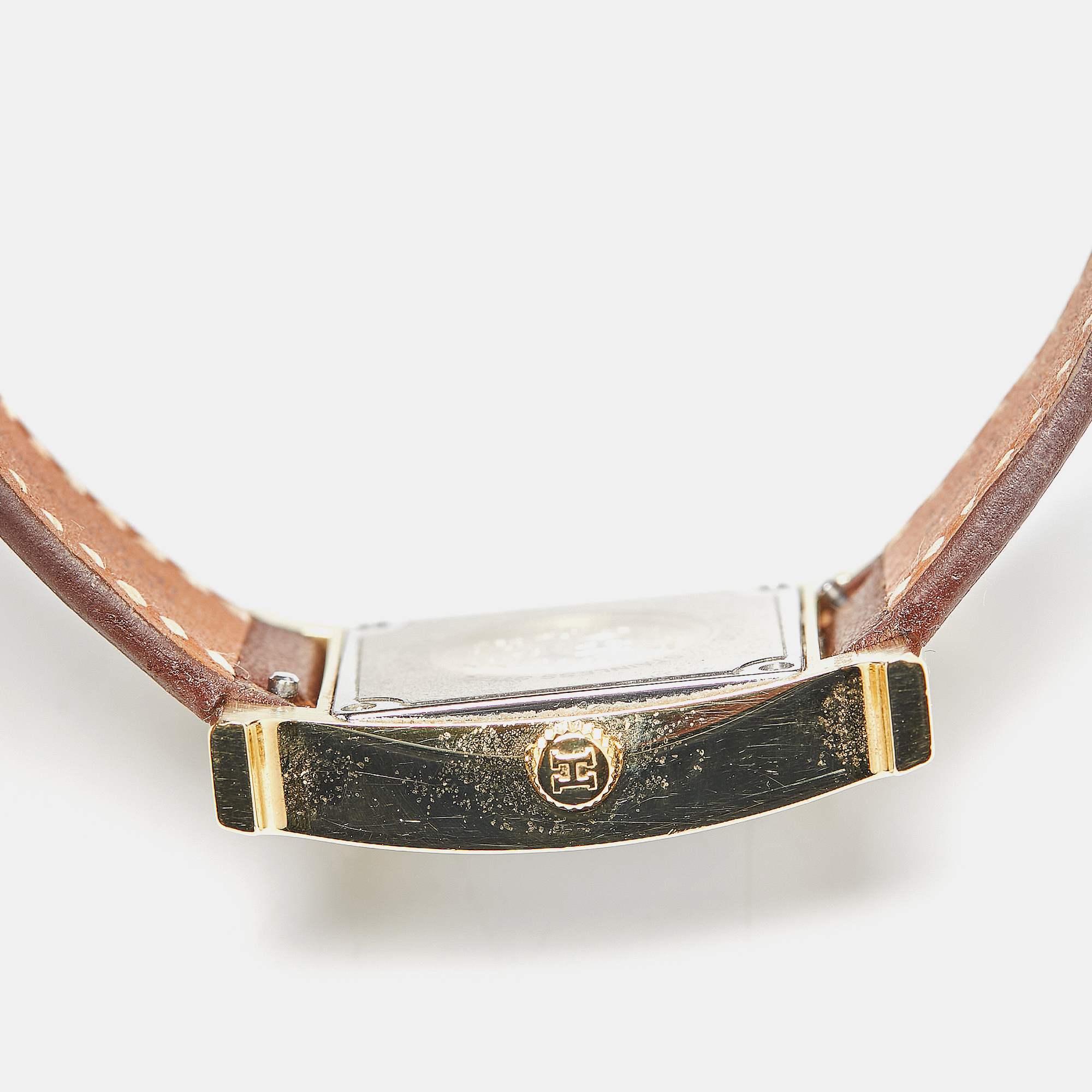 Hermes White Yellow Gold Plated Stainless Steel Leather Heure H W036734WW00 Women`s Wristwatch 21 mm 