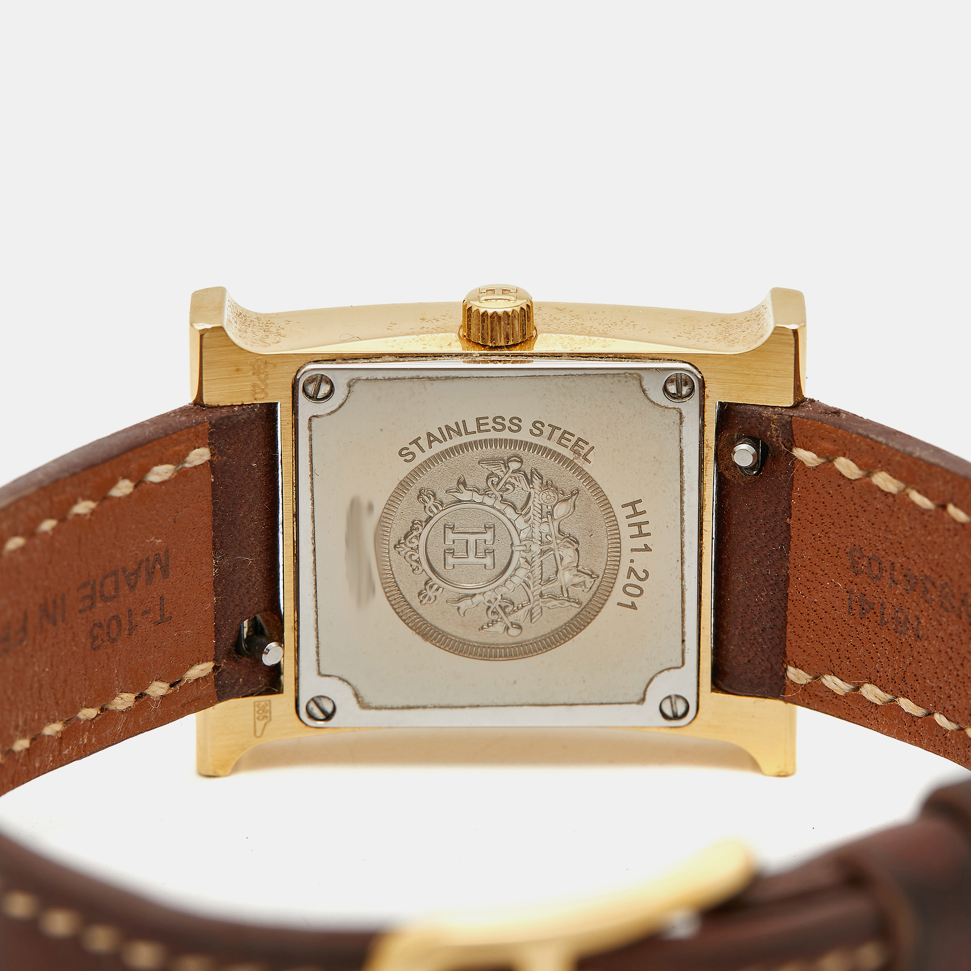 Hermes White Yellow Gold Plated Stainless Steel Leather Heure H W036734WW00 Women`s Wristwatch 21 mm 