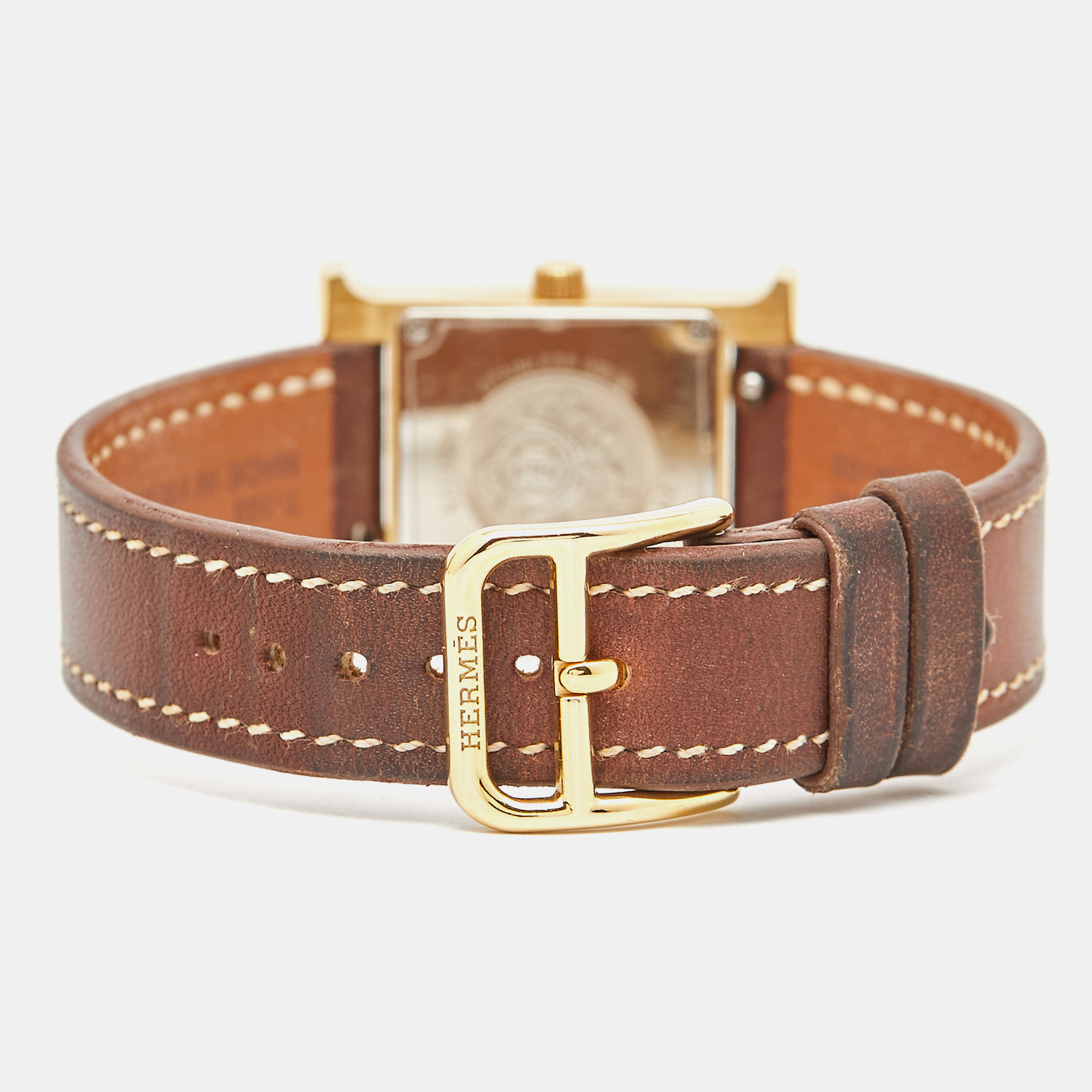 Hermes White Yellow Gold Plated Stainless Steel Leather Heure H W036734WW00 Women`s Wristwatch 21 mm 