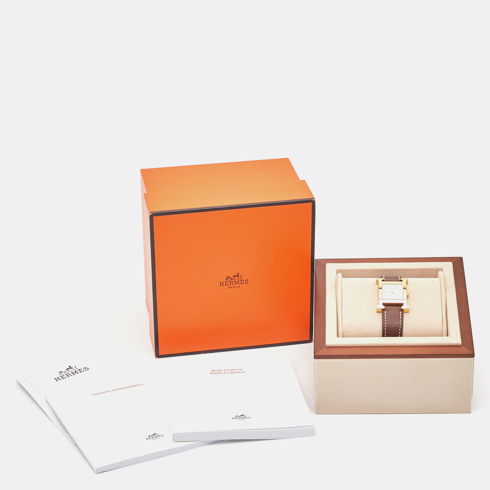 Hermes White Yellow Gold Plated Stainless Steel Leather Heure H W036734WW00 Women`s Wristwatch 21 mm 