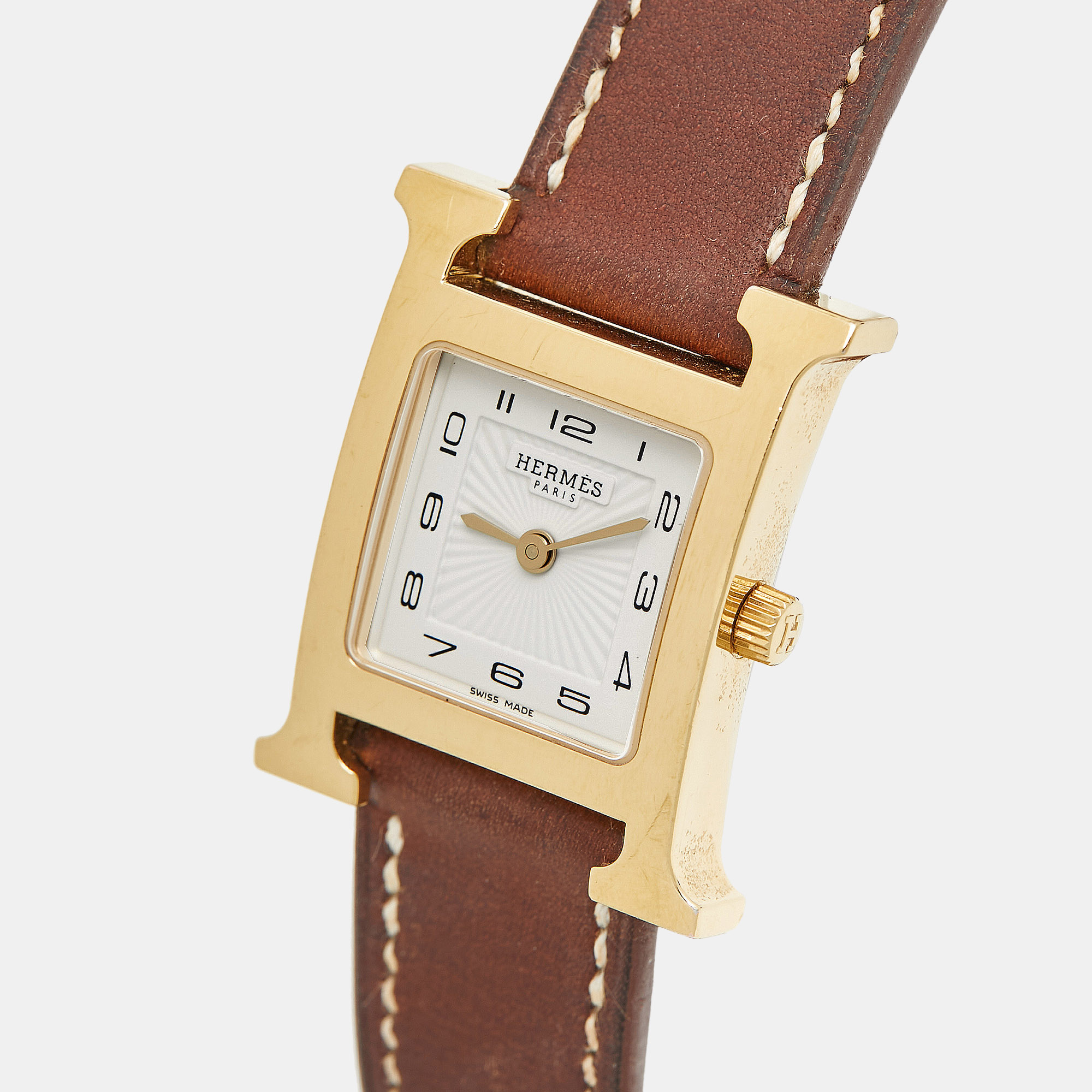 Hermes White Yellow Gold Plated Stainless Steel Leather Heure H W036734WW00 Women`s Wristwatch 21 mm 